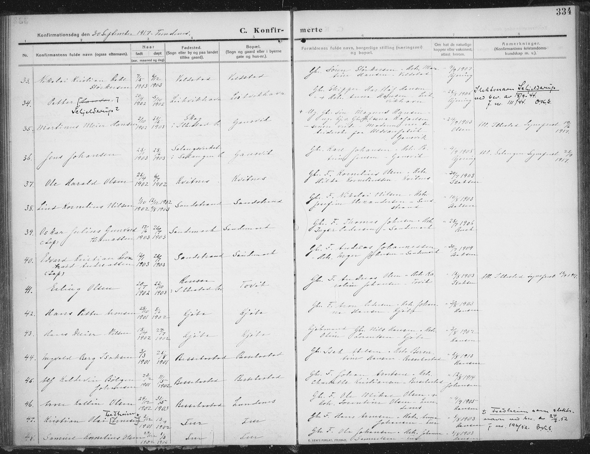 Trondenes sokneprestkontor, AV/SATØ-S-1319/H/Ha/L0018kirke: Parish register (official) no. 18, 1909-1918, p. 334