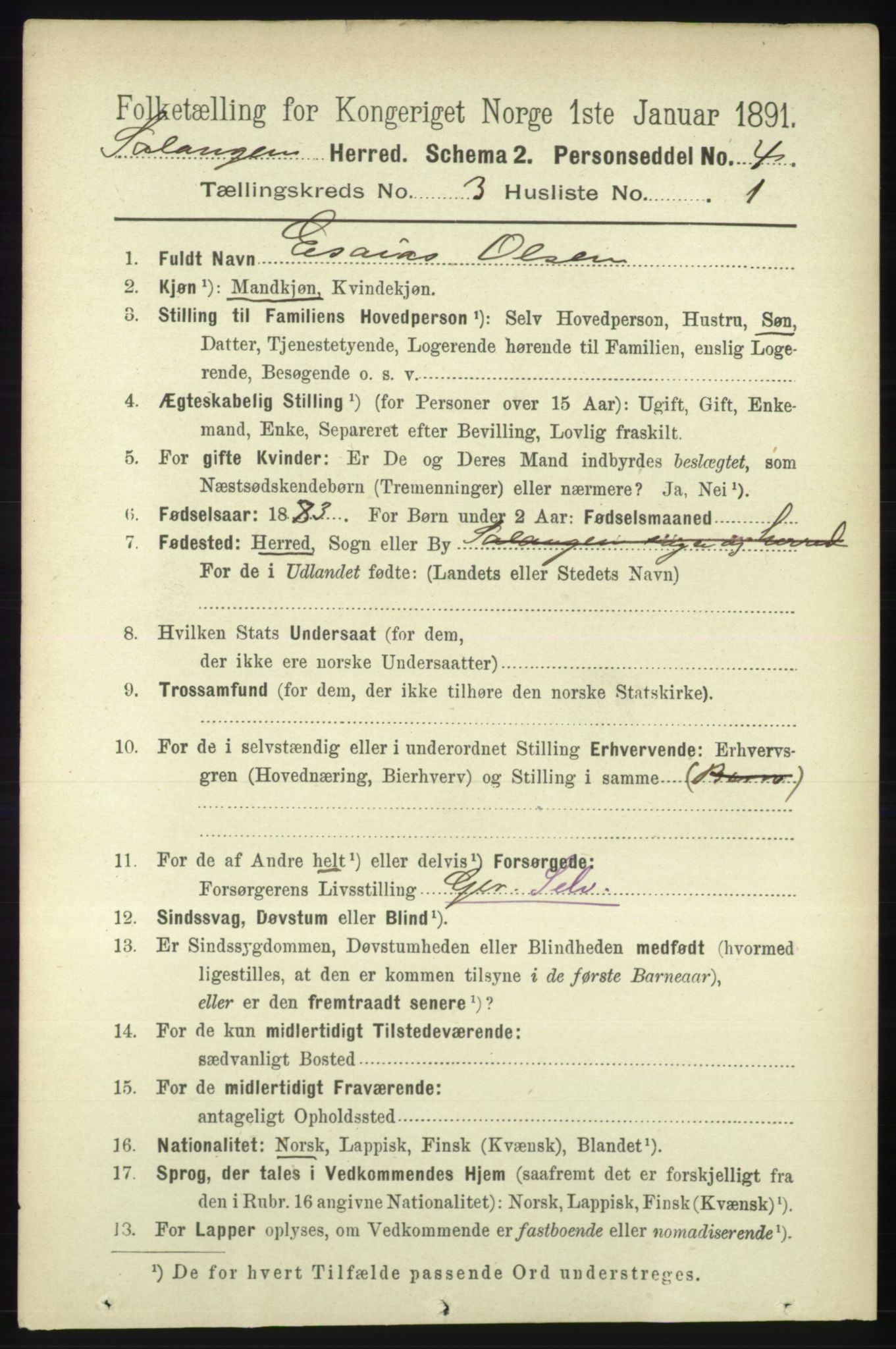 RA, 1891 census for 1921 Salangen, 1891, p. 1232