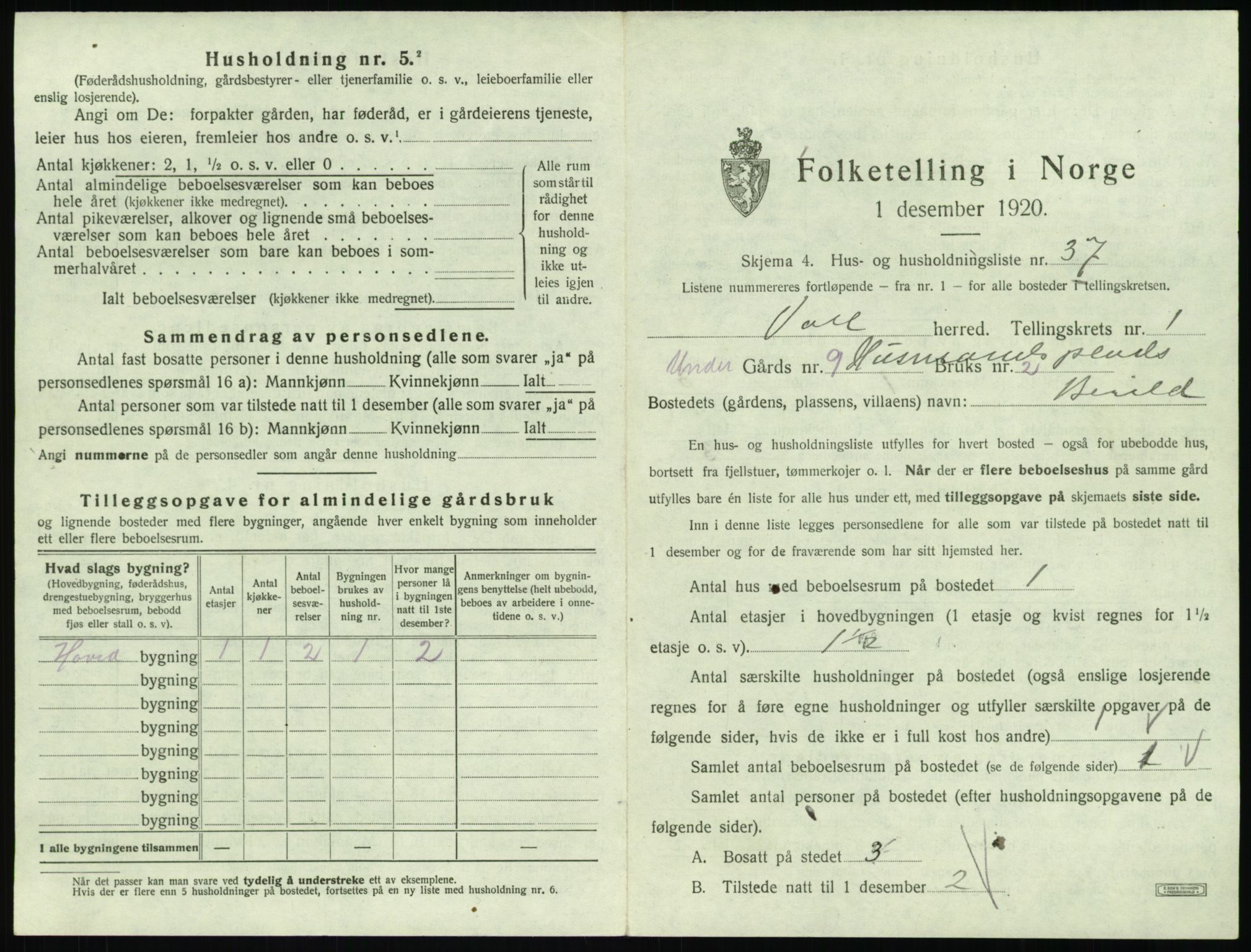 SAT, 1920 census for Voll, 1920, p. 95