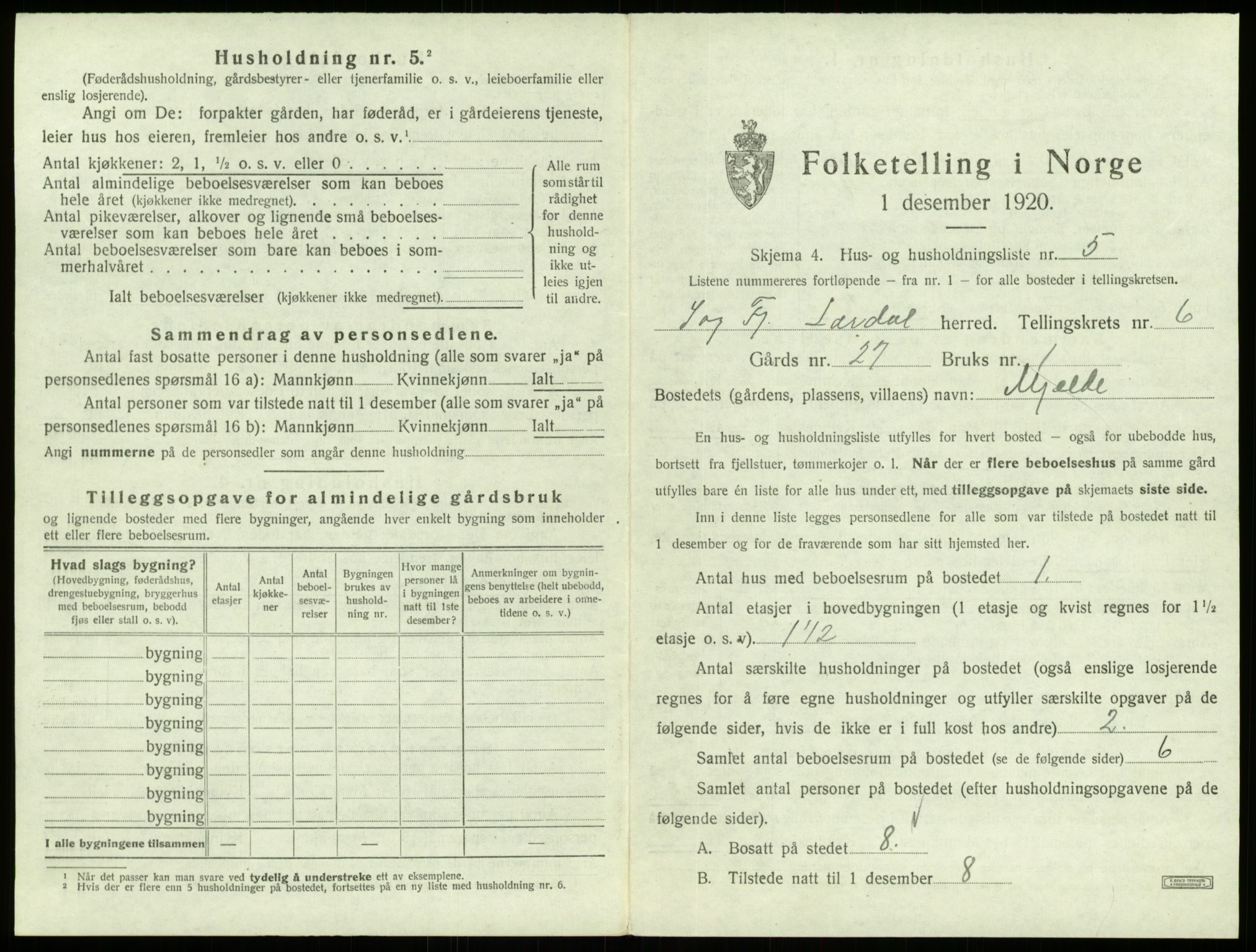 SAB, 1920 census for Lærdal, 1920, p. 430