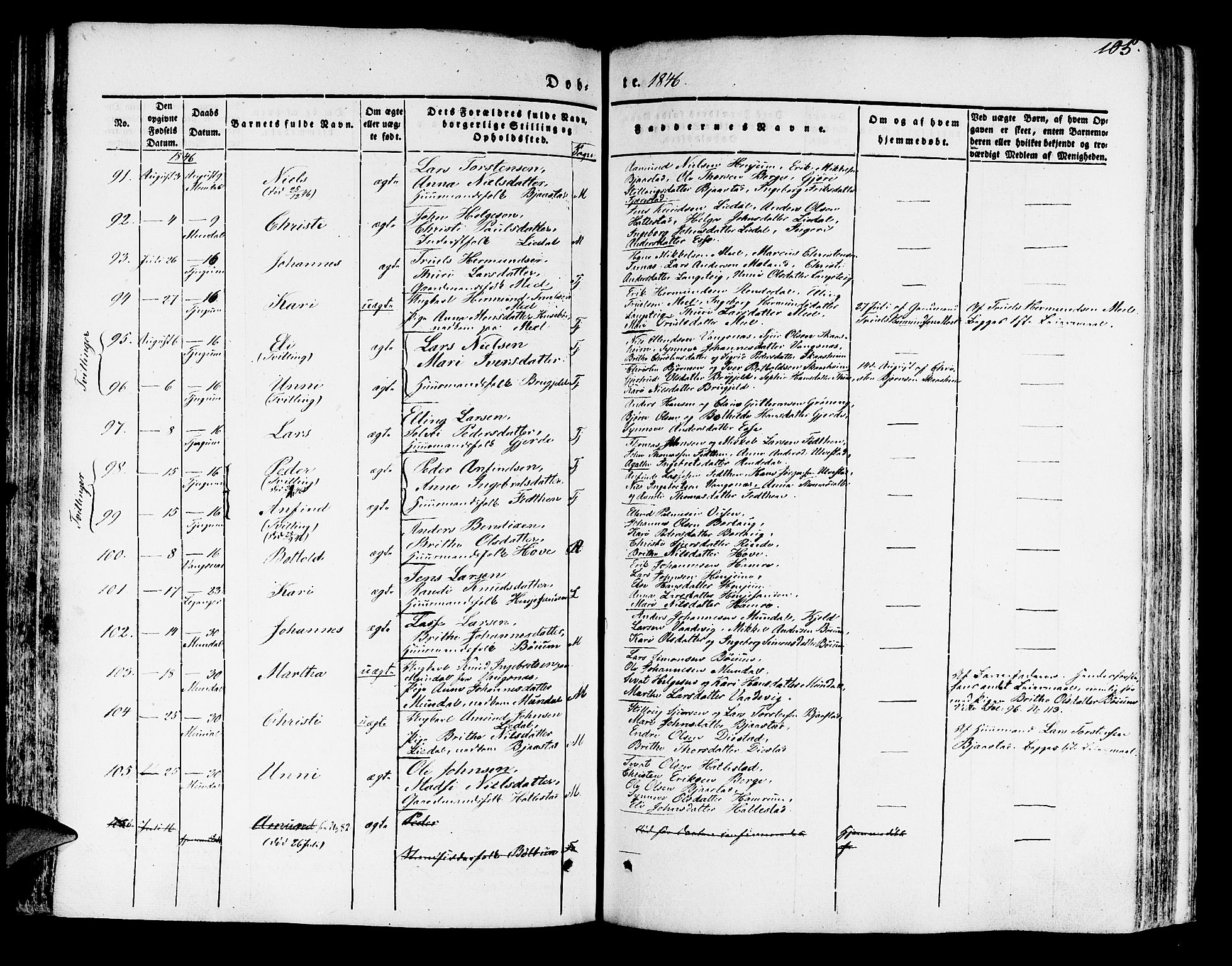 Leikanger sokneprestembete, AV/SAB-A-81001/H/Haa/Haaa/L0007: Parish register (official) no. A 7, 1838-1851, p. 105