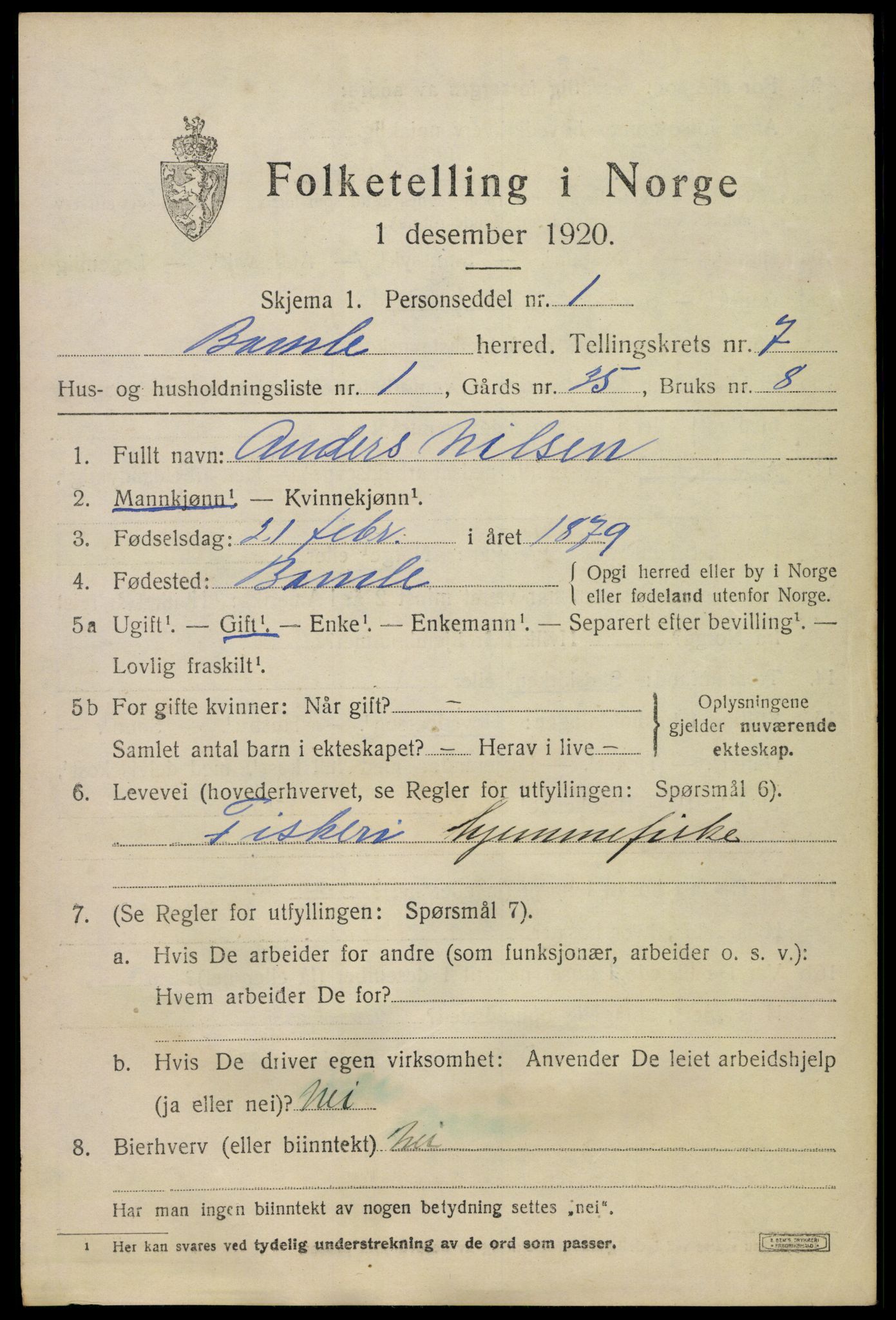 SAKO, 1920 census for Bamble, 1920, p. 6911