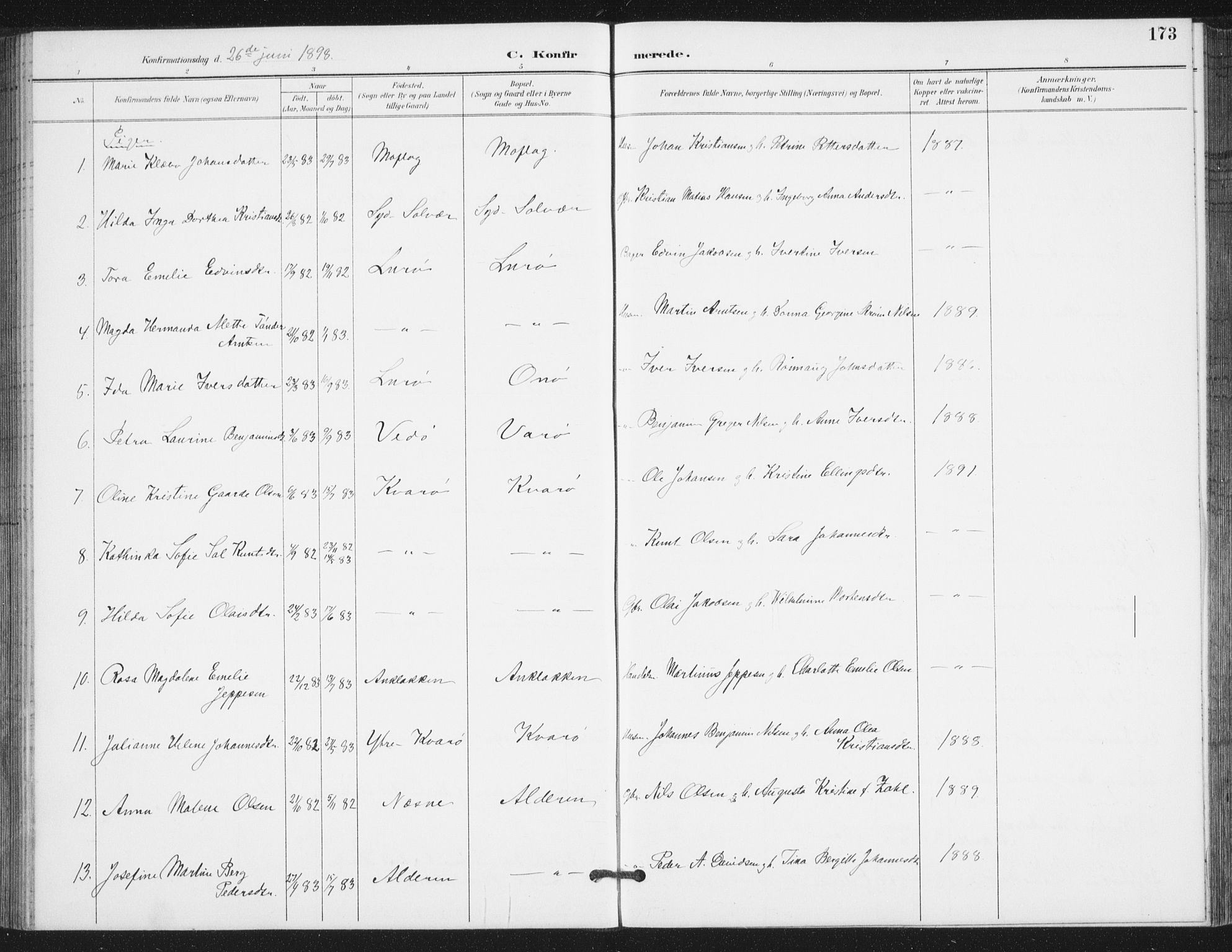 Ministerialprotokoller, klokkerbøker og fødselsregistre - Nordland, AV/SAT-A-1459/839/L0573: Parish register (copy) no. 839C03, 1892-1917, p. 173