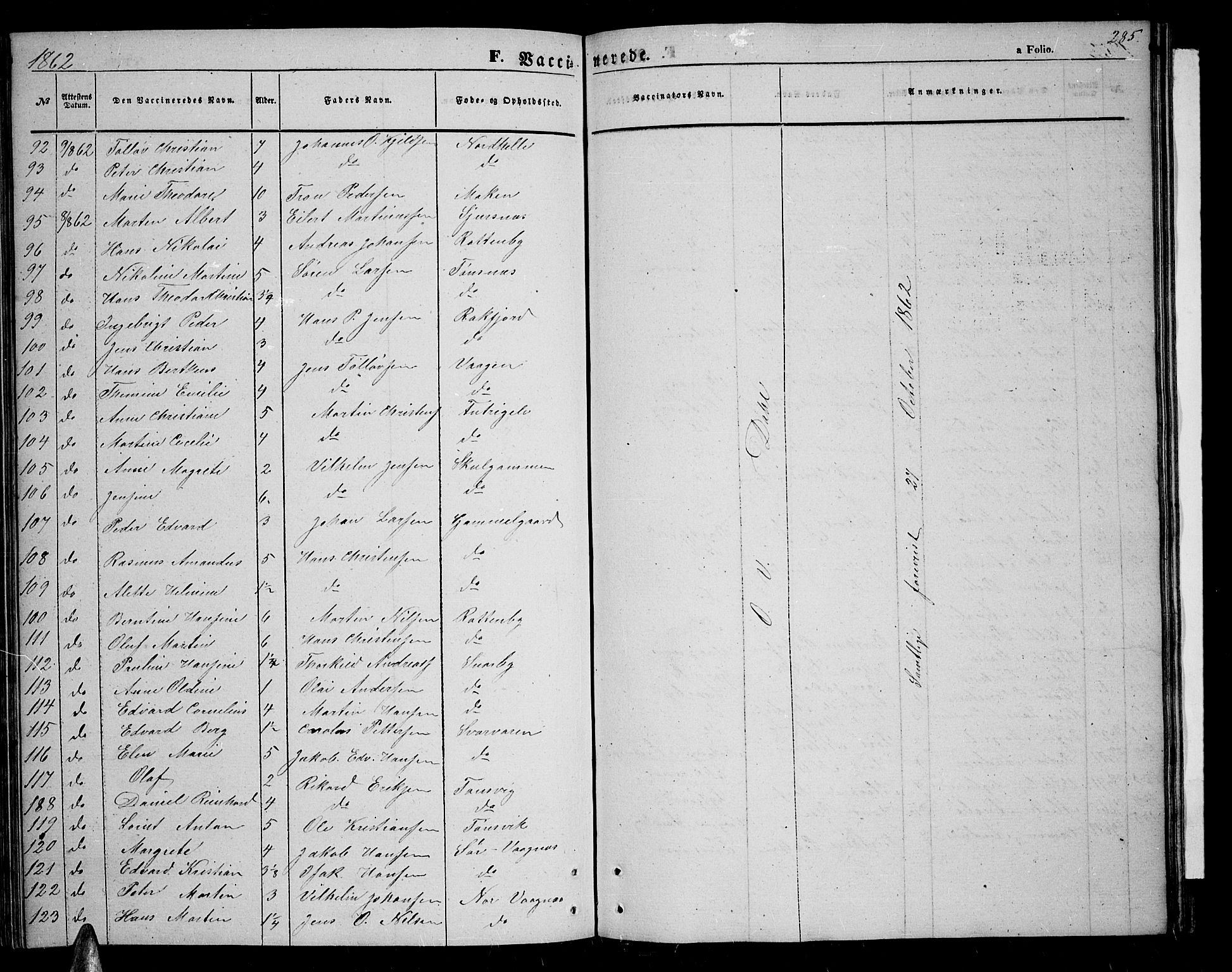 Tromsøysund sokneprestkontor, AV/SATØ-S-1304/G/Gb/L0001klokker: Parish register (copy) no. 1, 1857-1869, p. 285