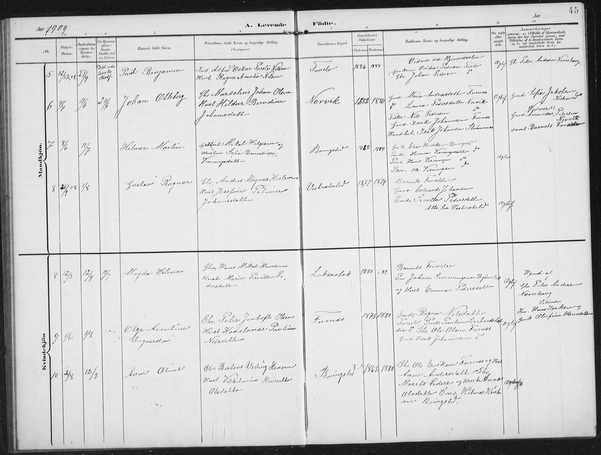 Ministerialprotokoller, klokkerbøker og fødselsregistre - Nordland, AV/SAT-A-1459/851/L0726: Parish register (copy) no. 851C01, 1902-1924, p. 45