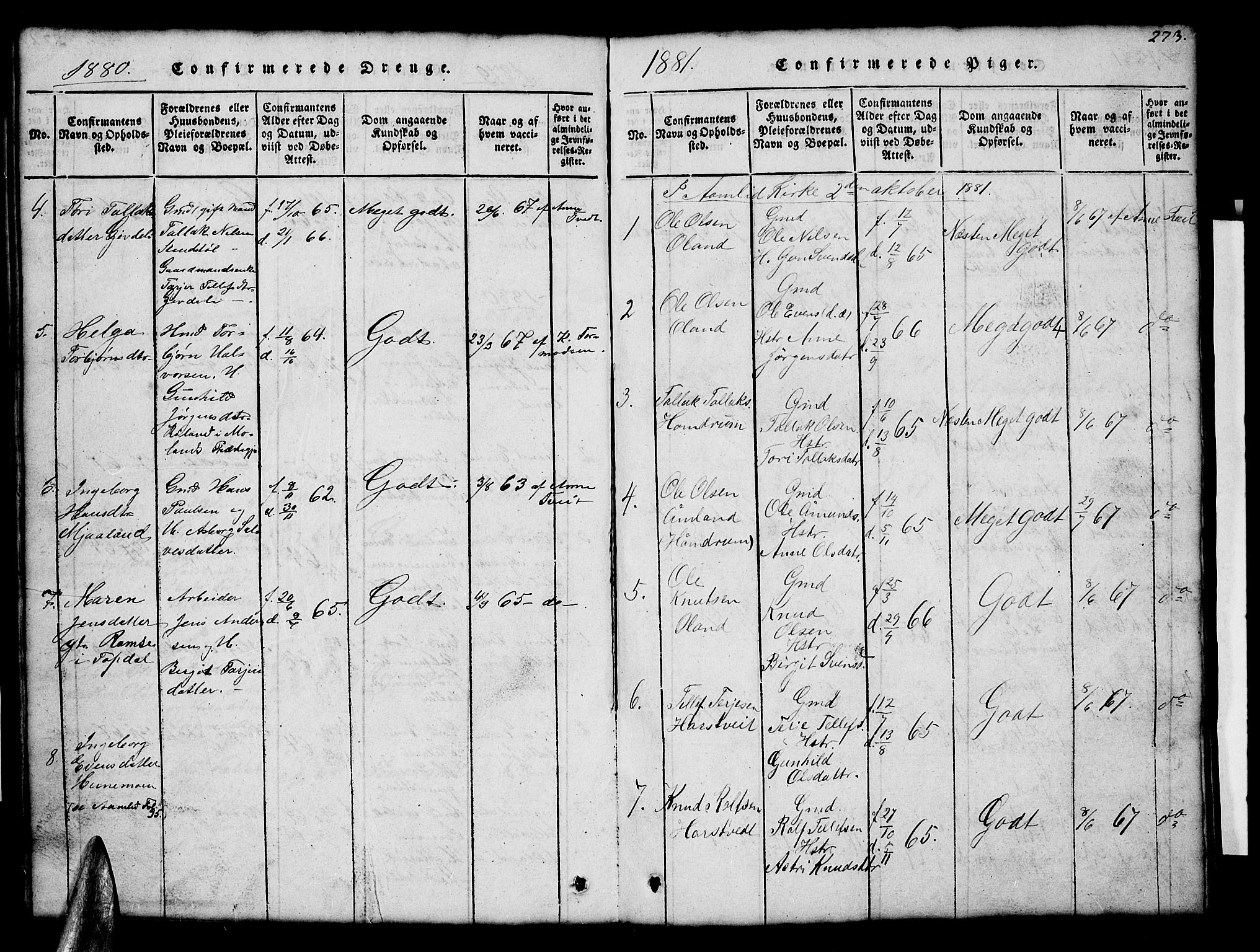 Åmli sokneprestkontor, SAK/1111-0050/F/Fb/Fba/L0001: Parish register (copy) no. B 1, 1816-1890, p. 273