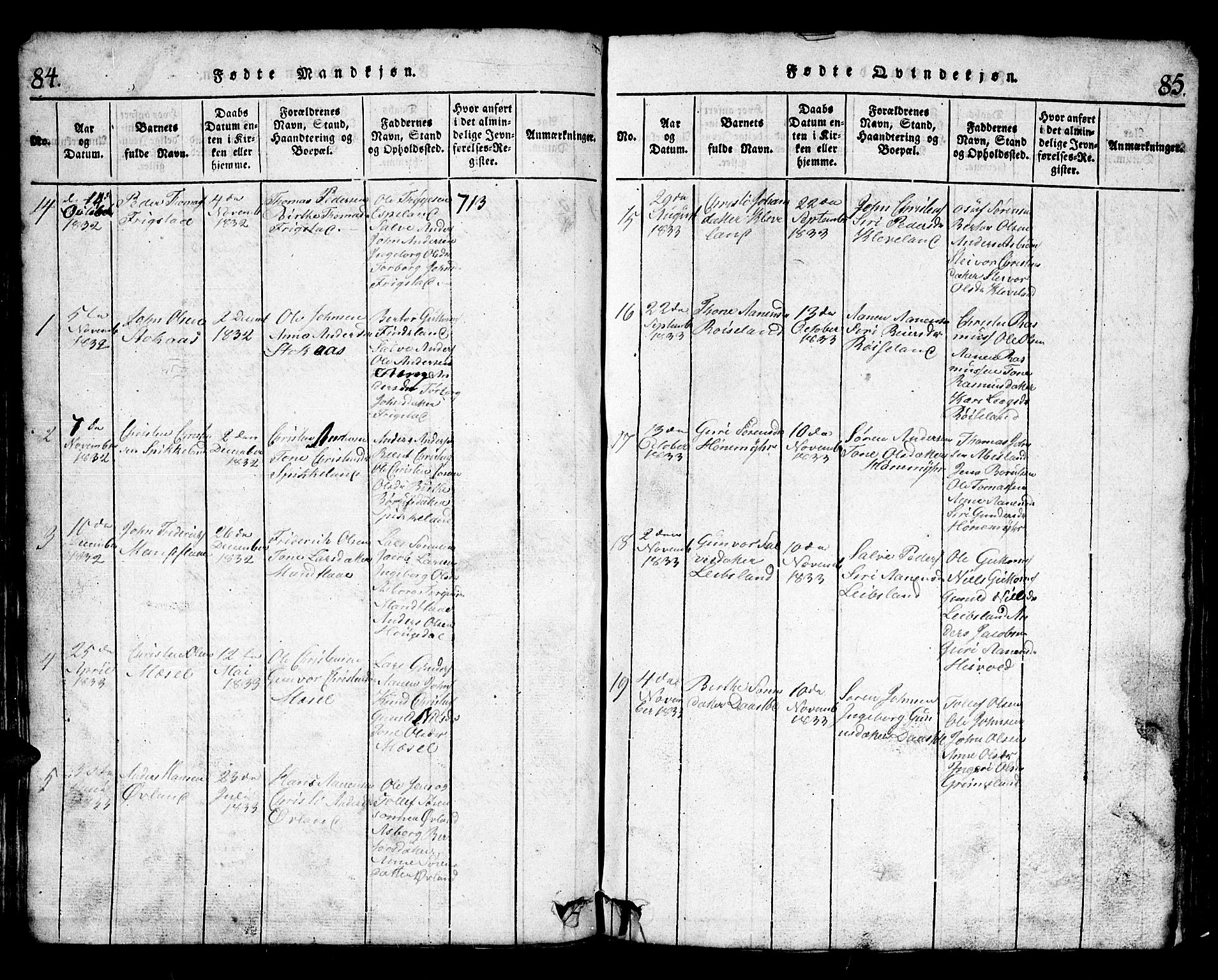 Bjelland sokneprestkontor, SAK/1111-0005/F/Fb/Fbb/L0003: Parish register (copy) no. B 3, 1816-1868, p. 84-85