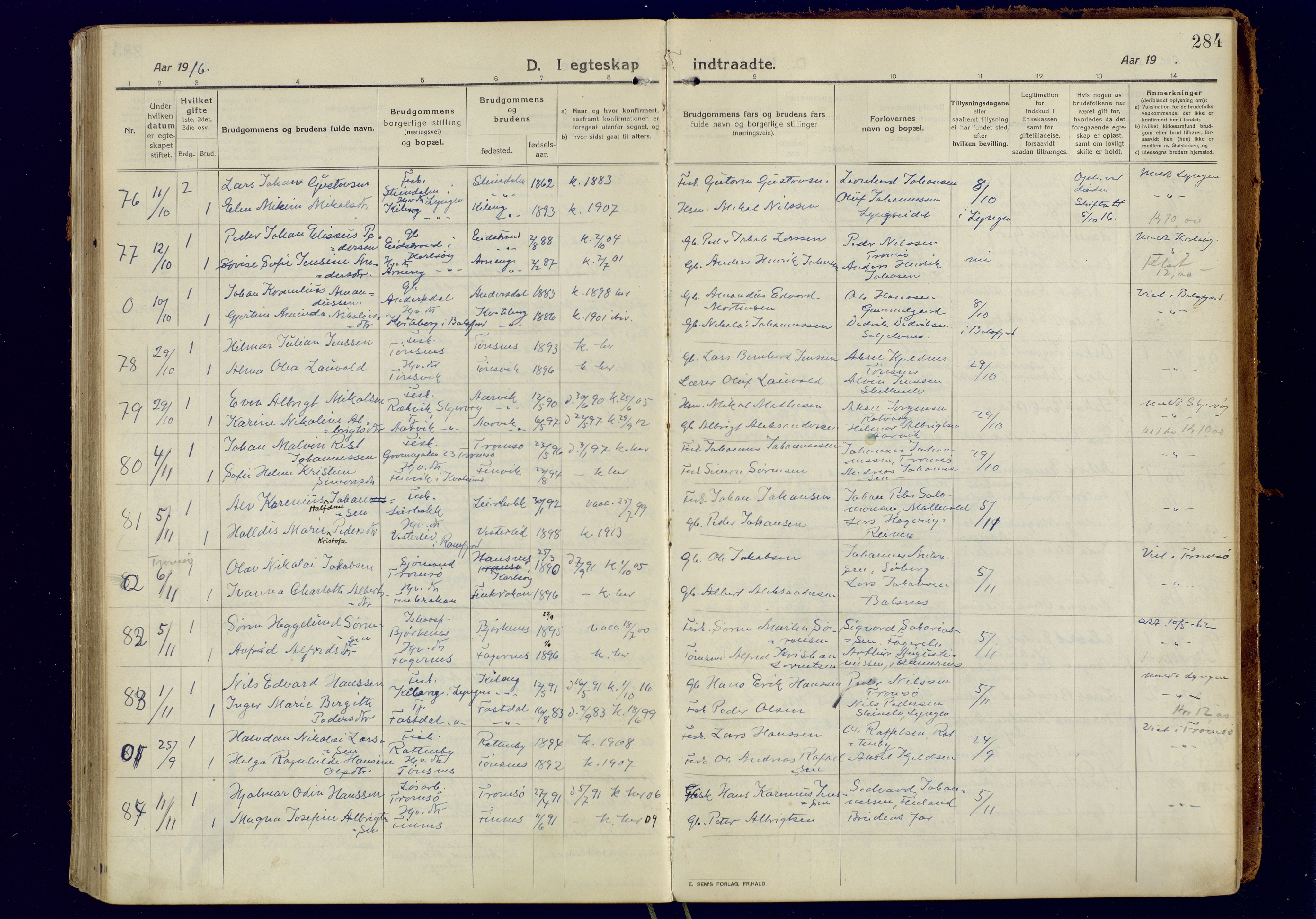 Tromsøysund sokneprestkontor, AV/SATØ-S-1304/G/Ga/L0008kirke: Parish register (official) no. 8, 1914-1922, p. 284