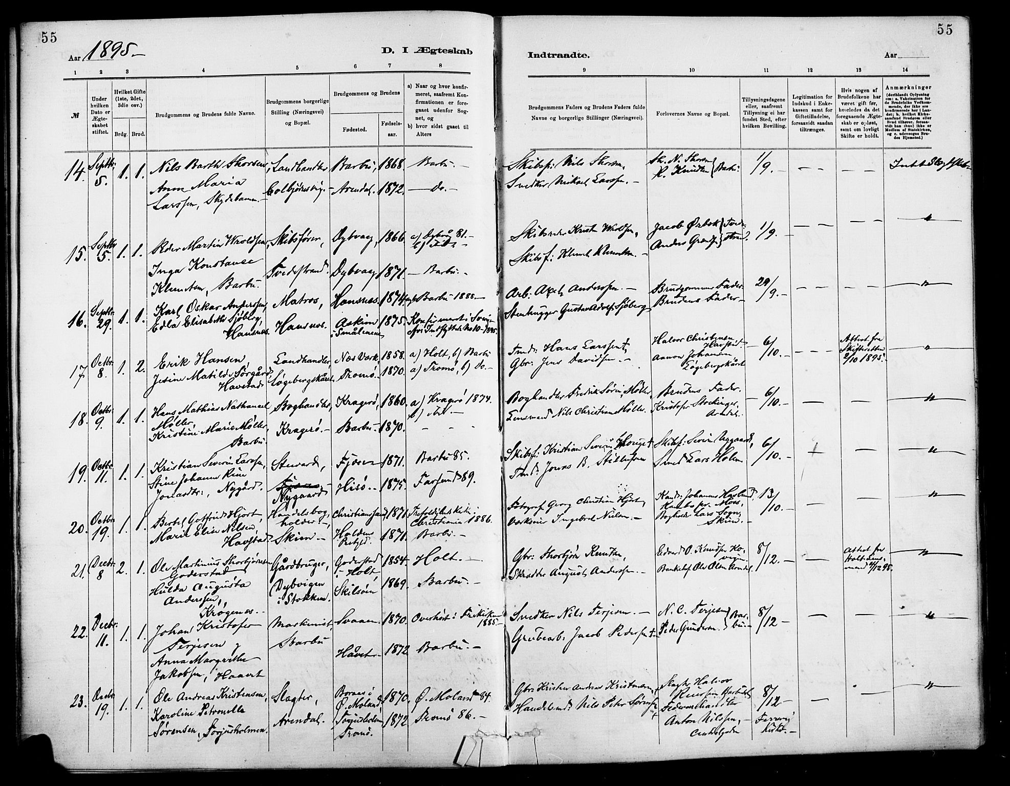 Barbu sokneprestkontor, SAK/1111-0003/F/Fa/L0003: Parish register (official) no. A 3, 1883-1898, p. 55