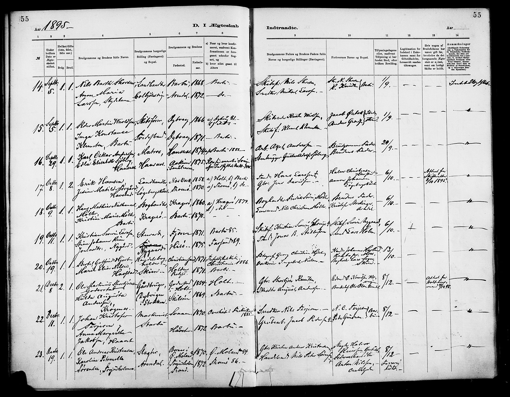 Barbu sokneprestkontor, AV/SAK-1111-0003/F/Fa/L0003: Parish register (official) no. A 3, 1883-1898, p. 55