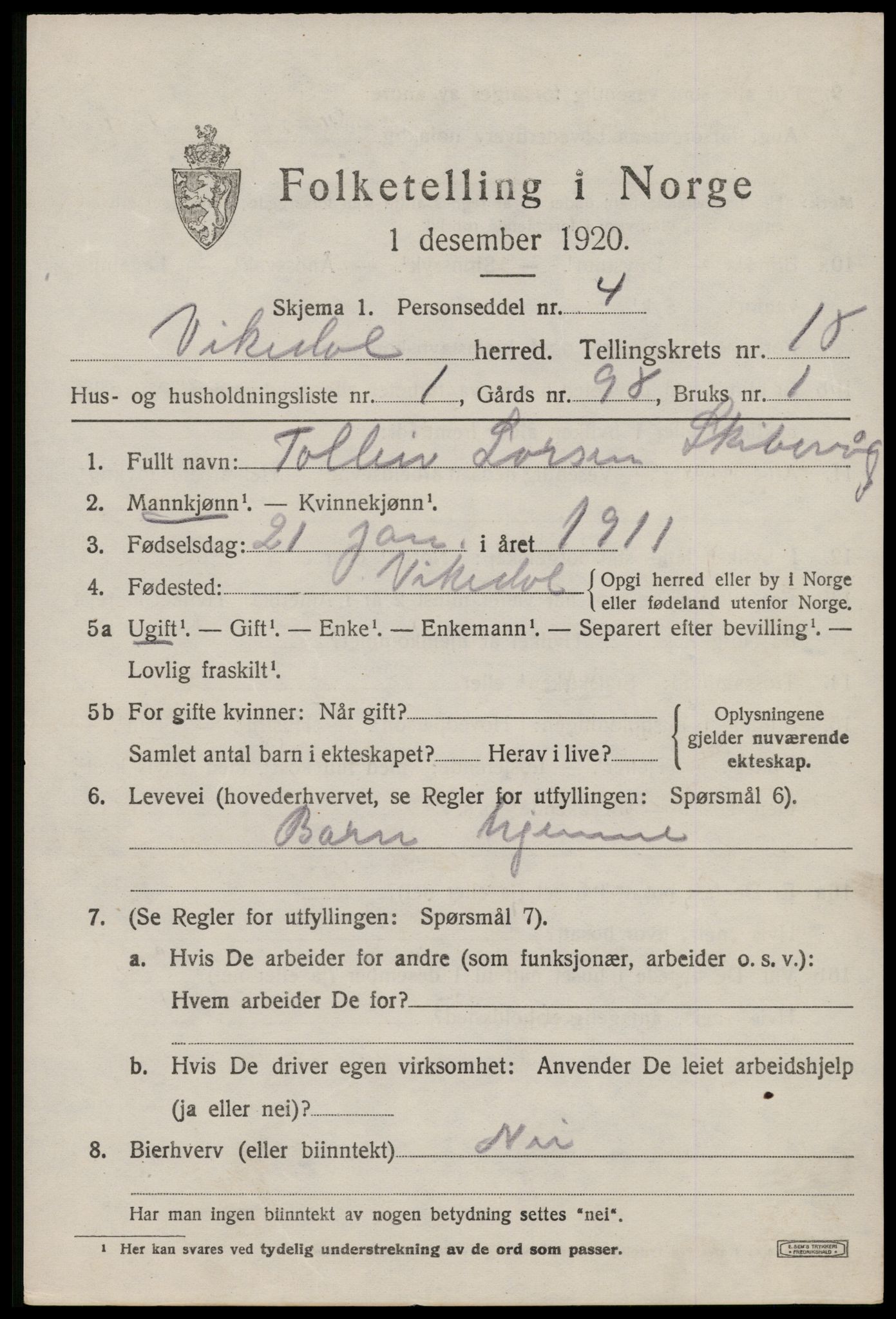 SAST, 1920 census for Vikedal, 1920, p. 5165