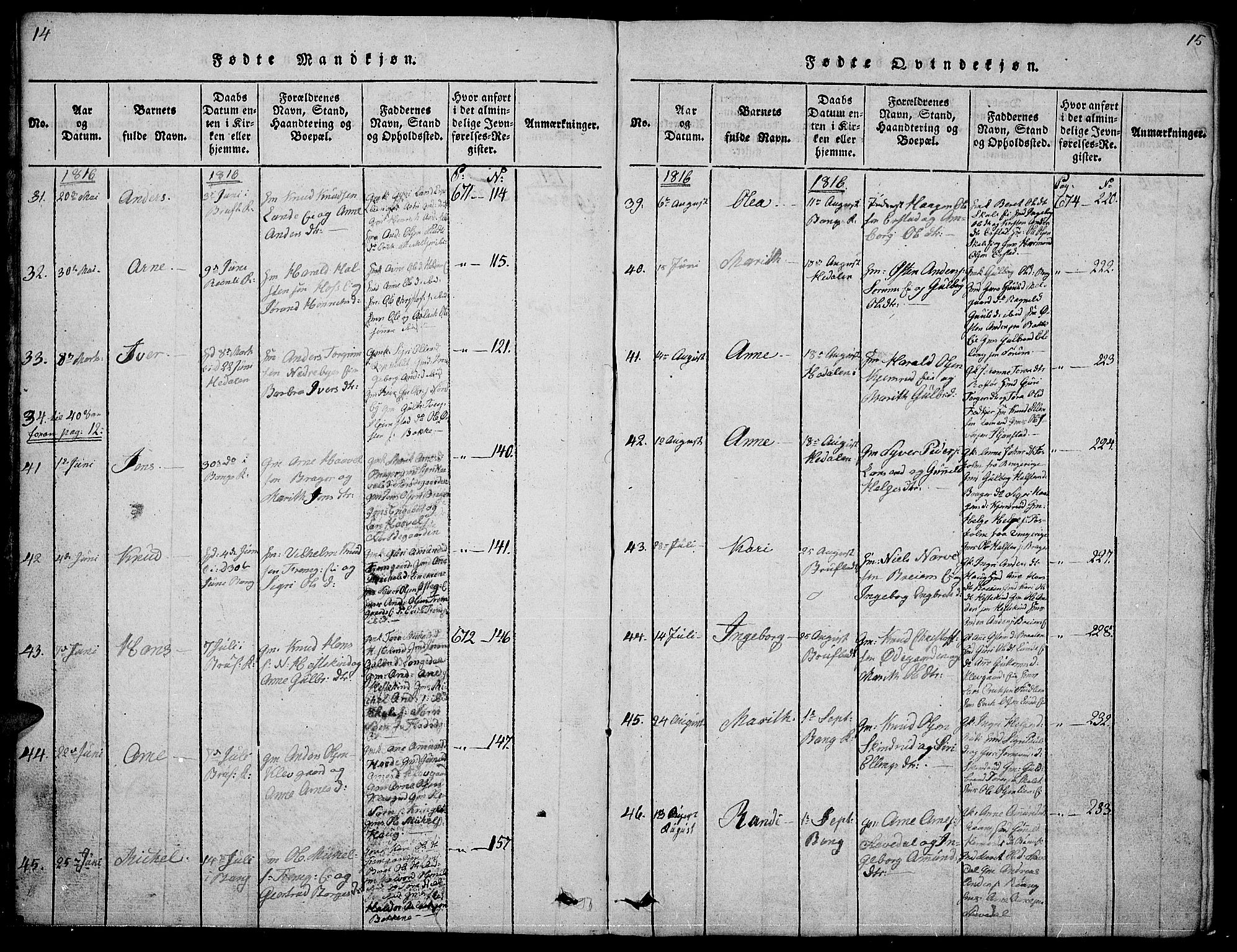 Sør-Aurdal prestekontor, AV/SAH-PREST-128/H/Ha/Hab/L0001: Parish register (copy) no. 1, 1815-1826, p. 14-15