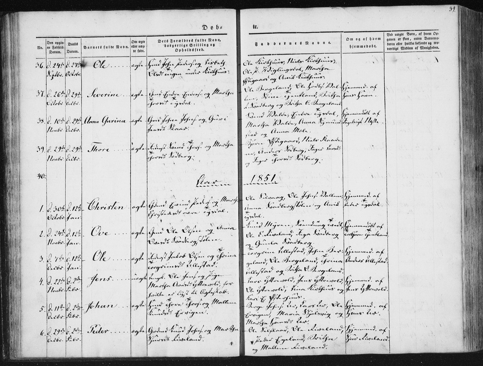 Hjelmeland sokneprestkontor, AV/SAST-A-101843/01/IV/L0008: Parish register (official) no. A 8, 1842-1861, p. 39