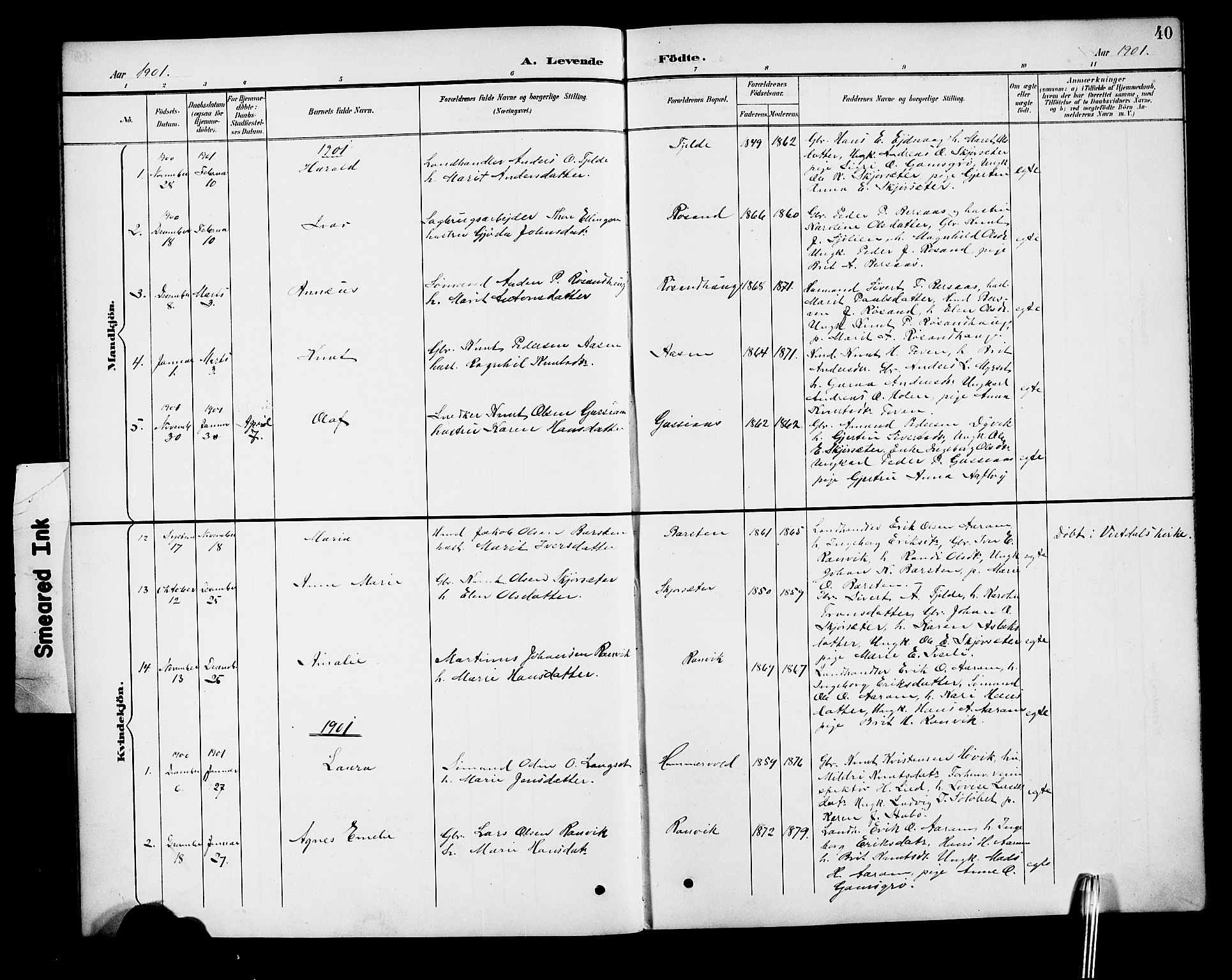 Ministerialprotokoller, klokkerbøker og fødselsregistre - Møre og Romsdal, SAT/A-1454/551/L0632: Parish register (copy) no. 551C04, 1894-1920, p. 40