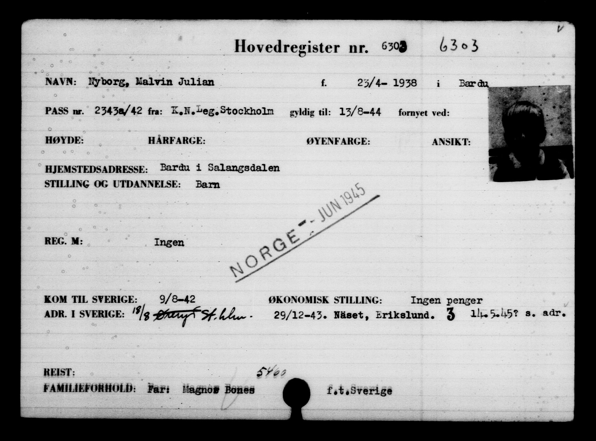 Utenriksstasjonene, Legasjonen i Stockholm, Flyktningkontoret, AV/RA-S-6753/V/Va/L0004: Kjesäterkartoteket, flyktninger med registreringsnr. 3496-6610, 1940-1945, p. 3313