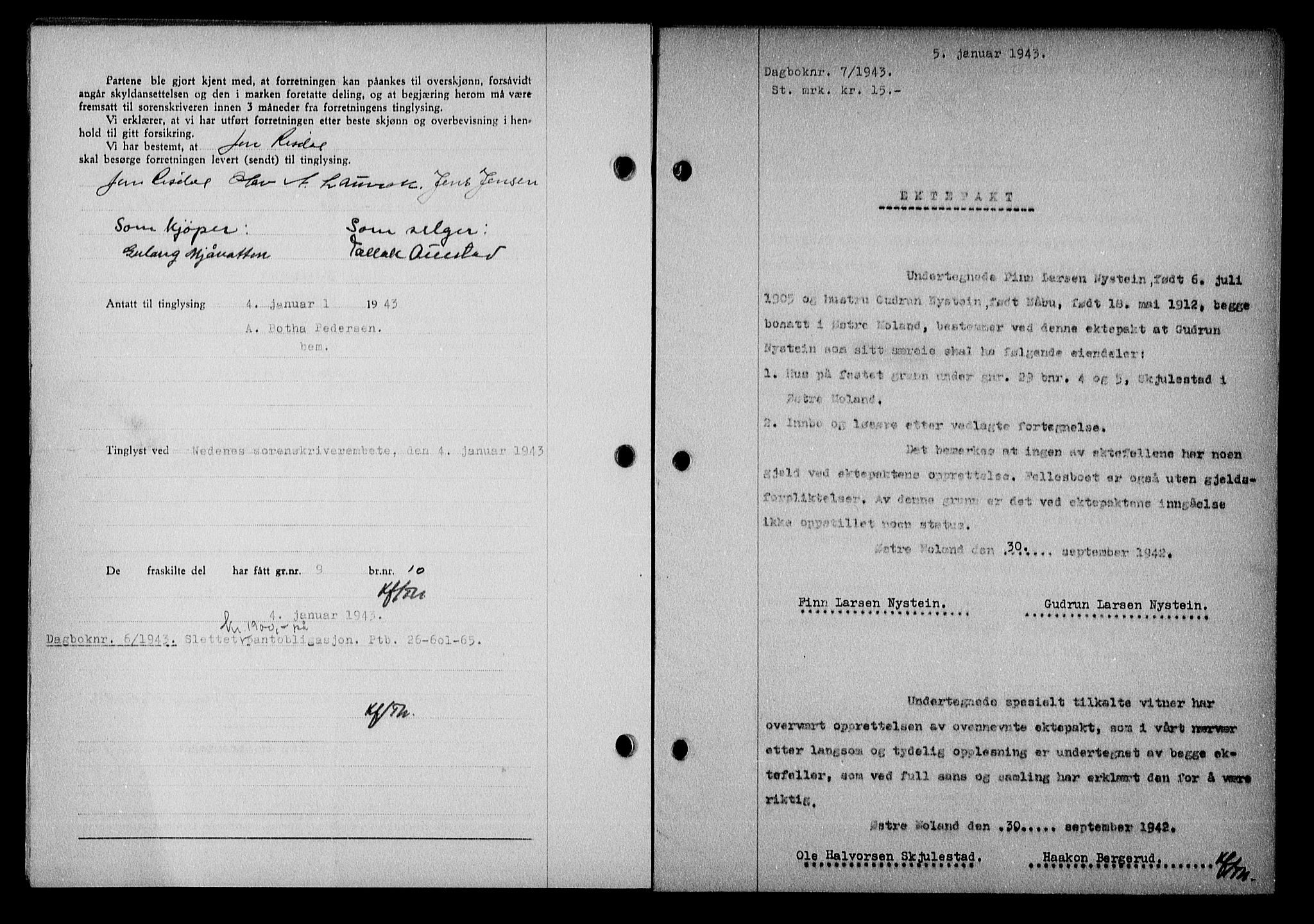 Nedenes sorenskriveri, SAK/1221-0006/G/Gb/Gba/L0050: Mortgage book no. A-IV, 1942-1943, Diary no: : 7/1943