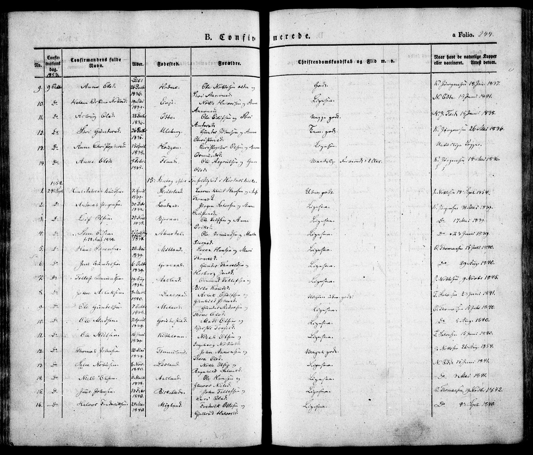 Evje sokneprestkontor, AV/SAK-1111-0008/F/Fa/Faa/L0005: Parish register (official) no. A 5, 1843-1865, p. 244