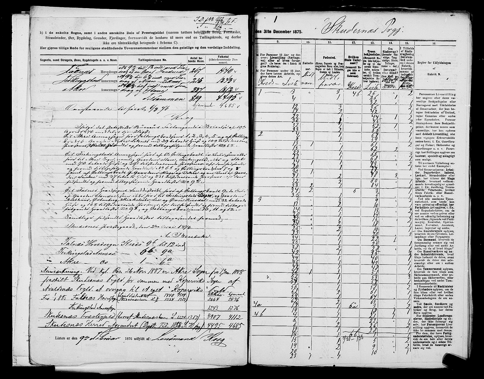 SAST, 1875 census for 1150L Skudenes/Falnes, Åkra og Ferkingstad, 1875, p. 4