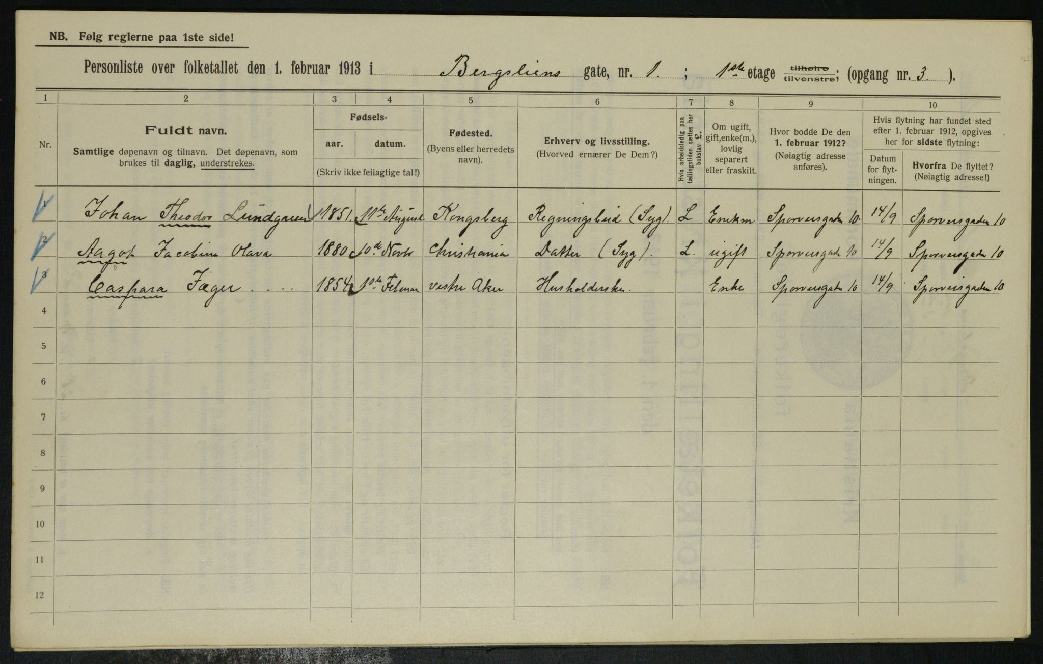 OBA, Municipal Census 1913 for Kristiania, 1913, p. 3865