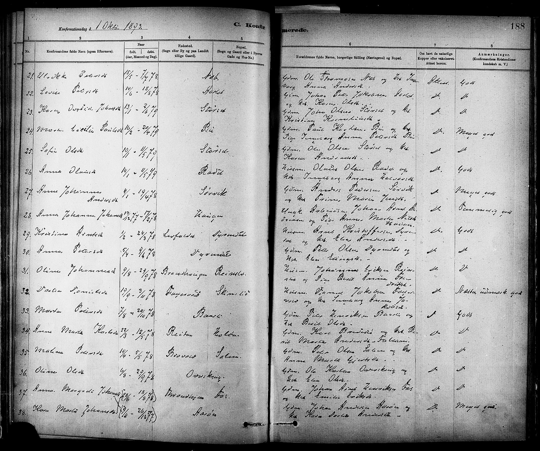 Ministerialprotokoller, klokkerbøker og fødselsregistre - Sør-Trøndelag, AV/SAT-A-1456/647/L0634: Parish register (official) no. 647A01, 1885-1896, p. 188