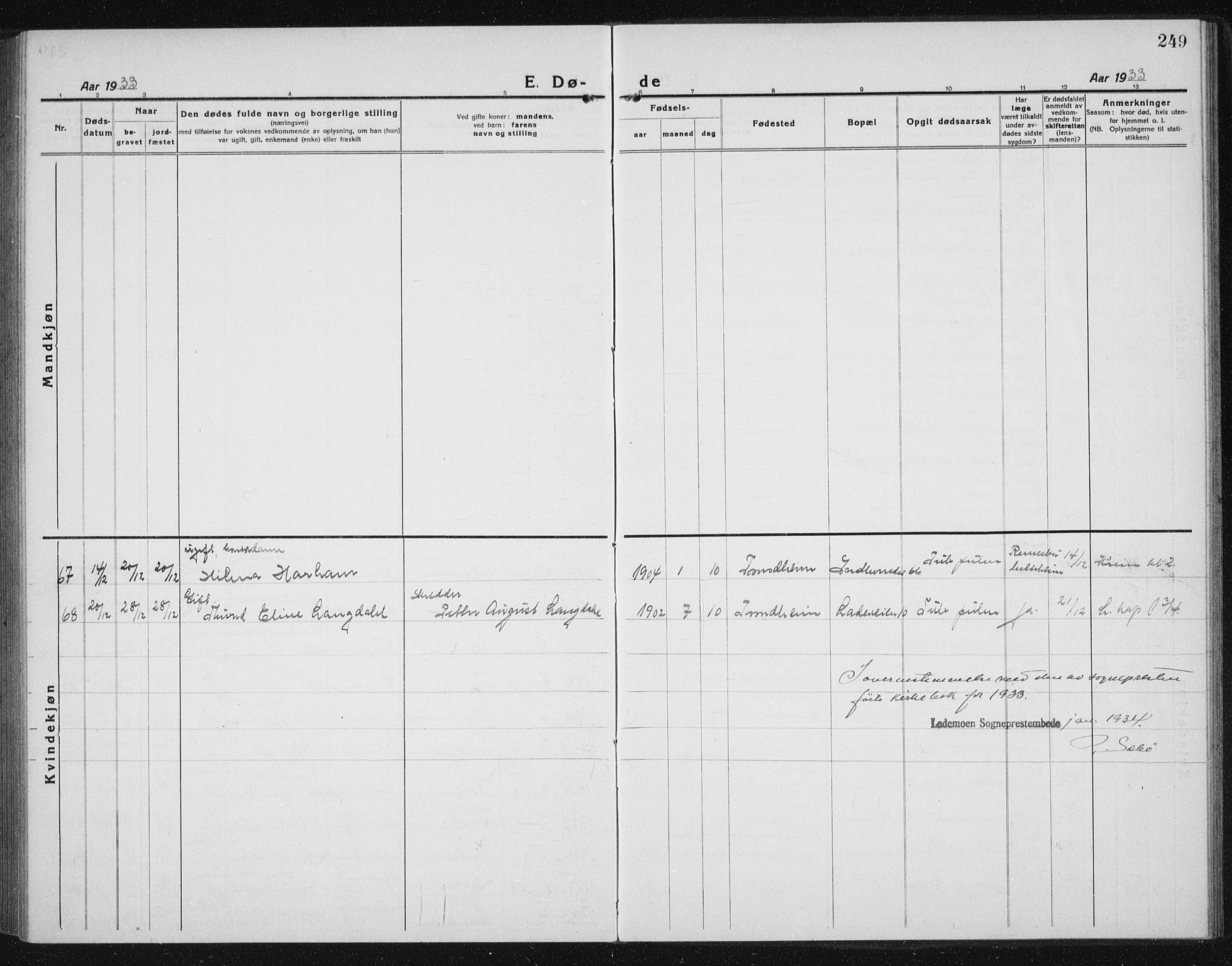 Ministerialprotokoller, klokkerbøker og fødselsregistre - Sør-Trøndelag, SAT/A-1456/605/L0260: Parish register (copy) no. 605C07, 1922-1942, p. 249