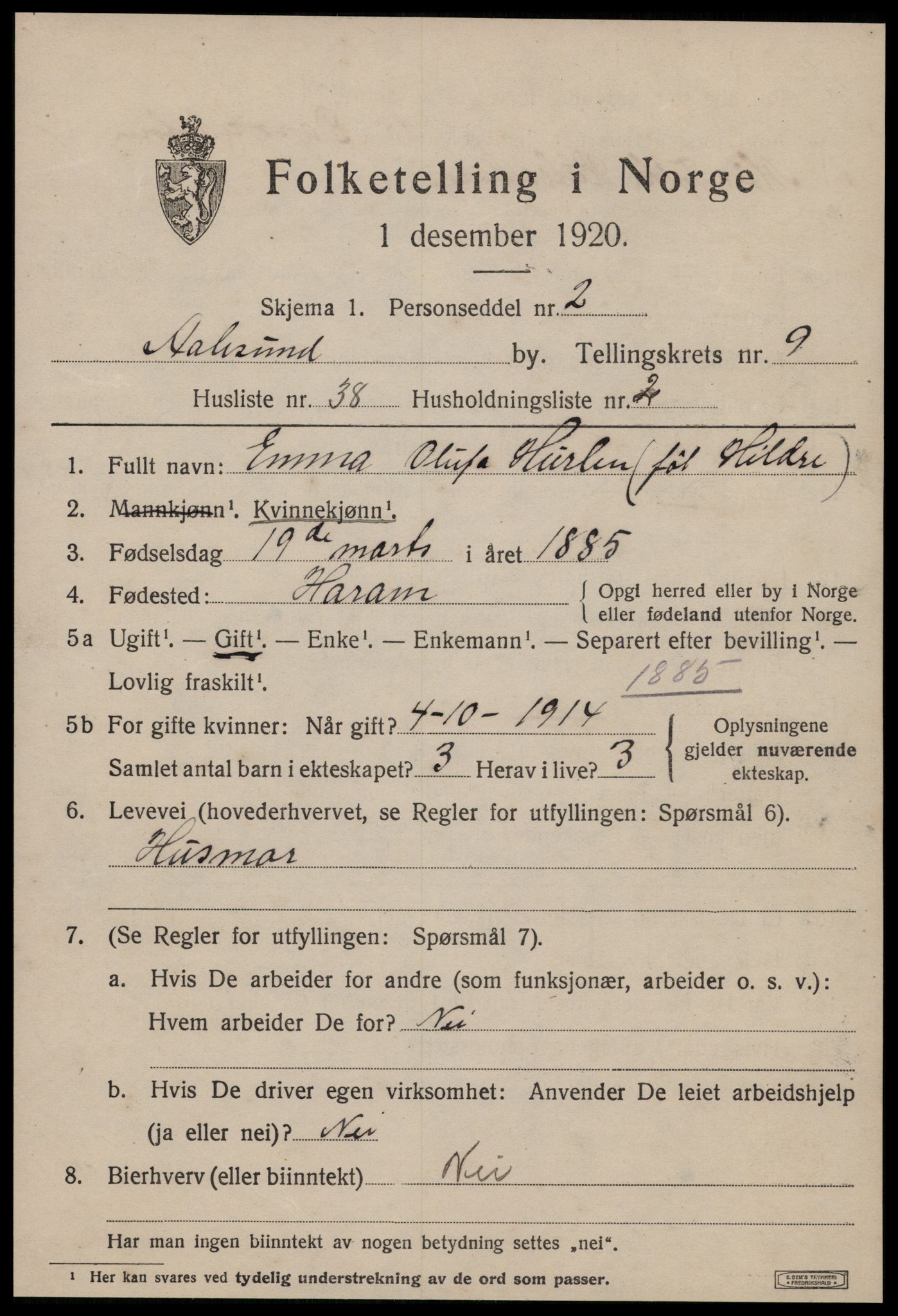 SAT, 1920 census for Ålesund, 1920, p. 23816