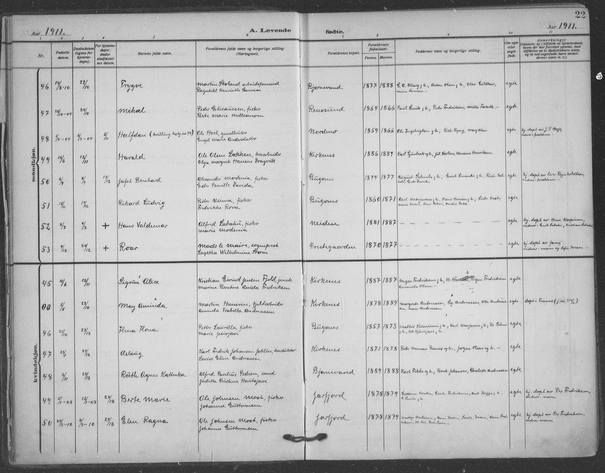 Sør-Varanger sokneprestkontor, AV/SATØ-S-1331/H/Ha/L0005kirke: Parish register (official) no. 5, 1909-1919, p. 22