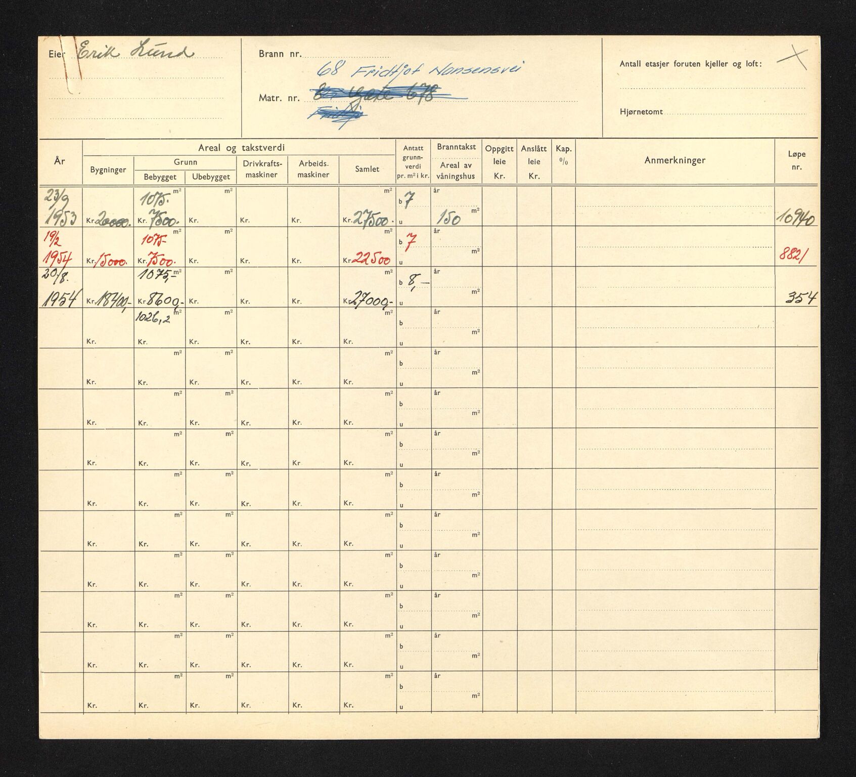 Stavanger kommune. Skattetakstvesenet, BYST/A-0440/F/Fa/Faa/L0014/0006: Skattetakstkort / Fridtjov Nansens vei 68 - Friggs gate - Frue Terrasse 16