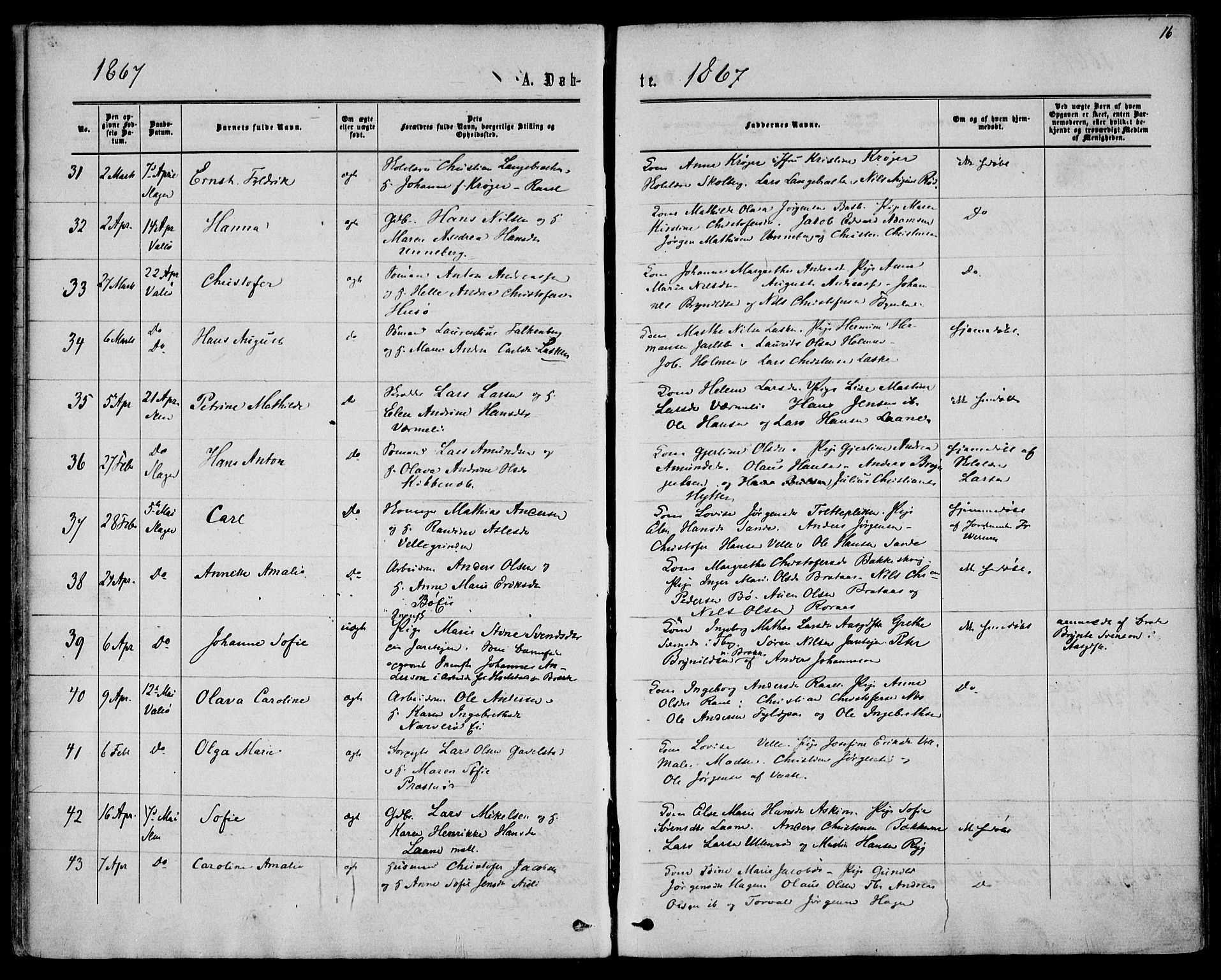 Sem kirkebøker, SAKO/A-5/F/Fa/L0008: Parish register (official) no. I 8, 1866-1873, p. 16