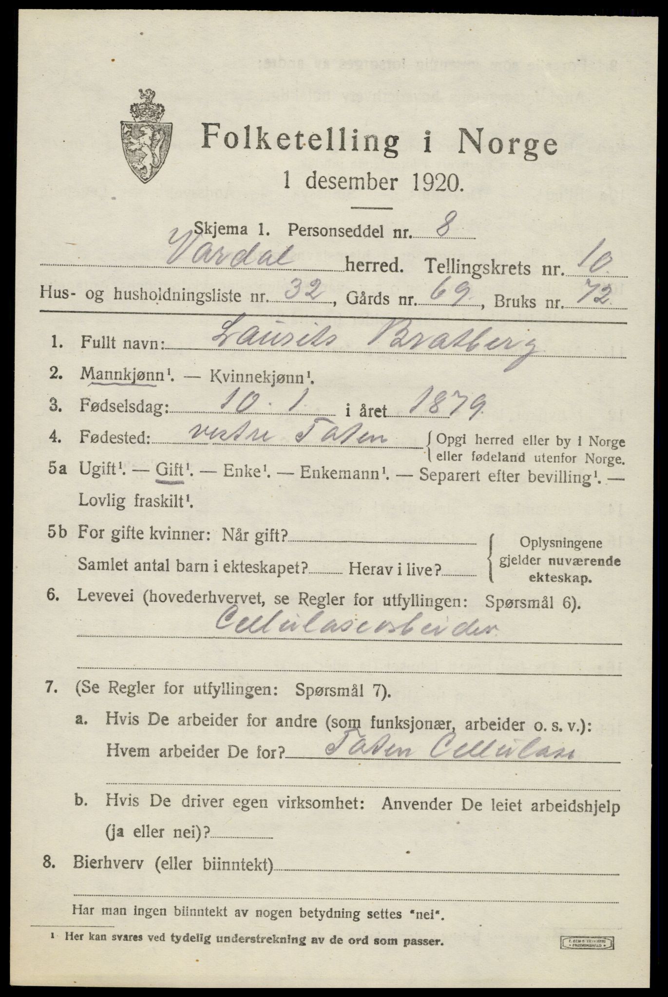 SAH, 1920 census for Vardal, 1920, p. 9019