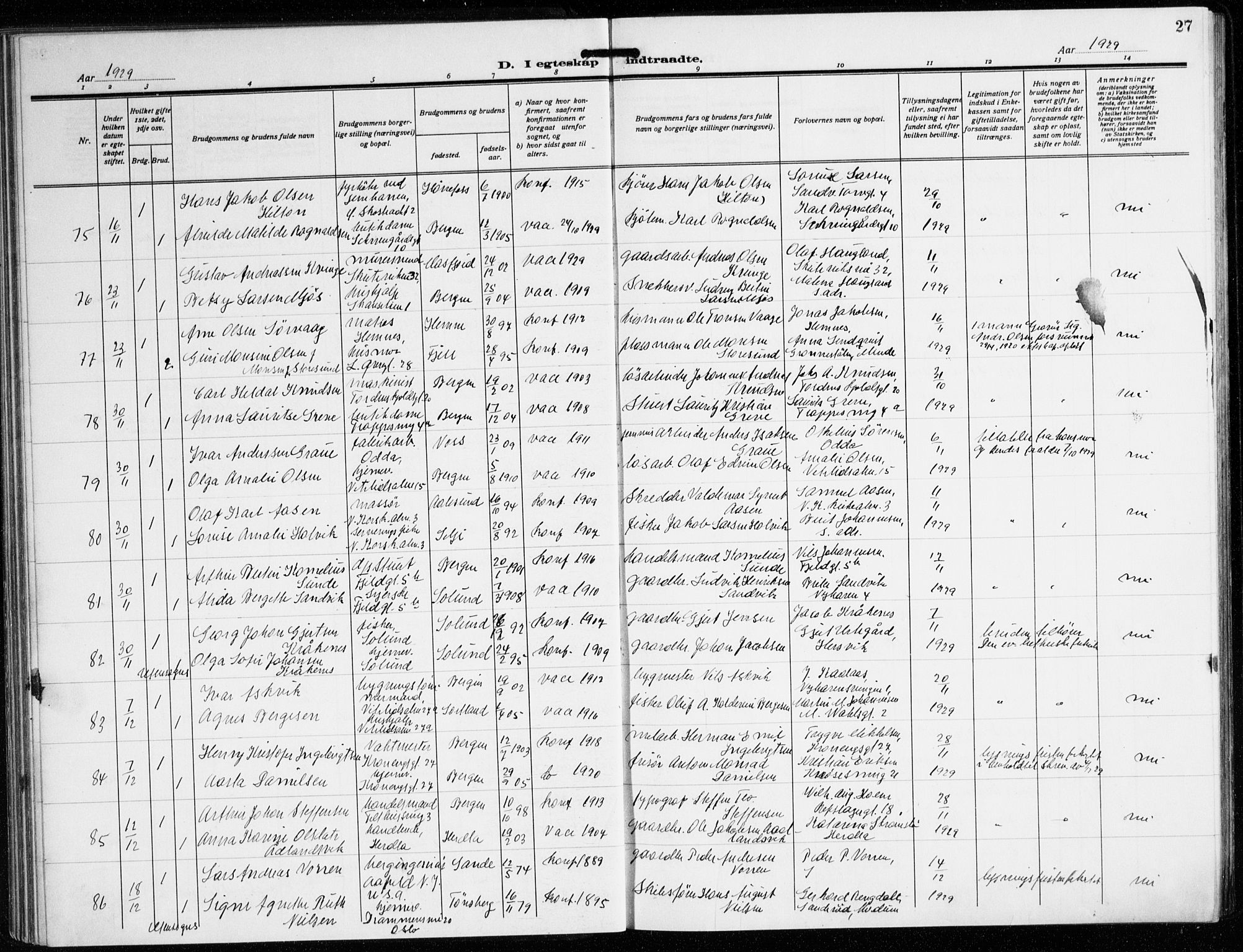 Korskirken sokneprestembete, AV/SAB-A-76101/H/Hab: Parish register (copy) no. D 5, 1926-1944, p. 27