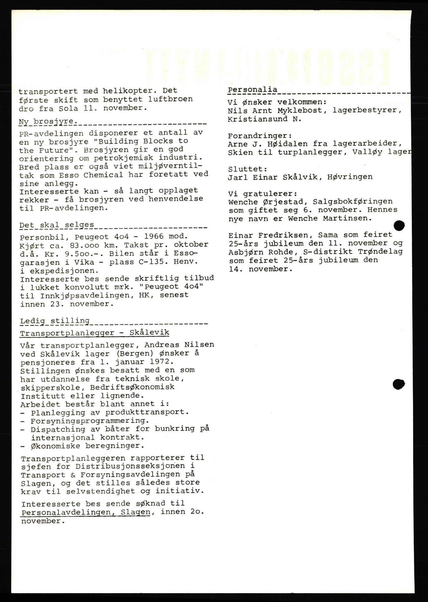 Pa 0982 - Esso Norge A/S, AV/SAST-A-100448/X/Xd/L0004: Esso Extra Nytt, 1963-1976