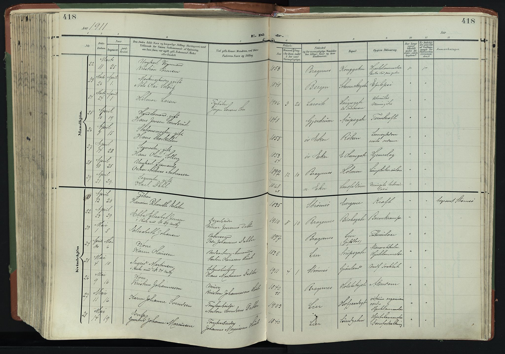 Bragernes kirkebøker, AV/SAKO-A-6/F/Fb/L0009: Parish register (official) no. II 9, 1902-1911, p. 418