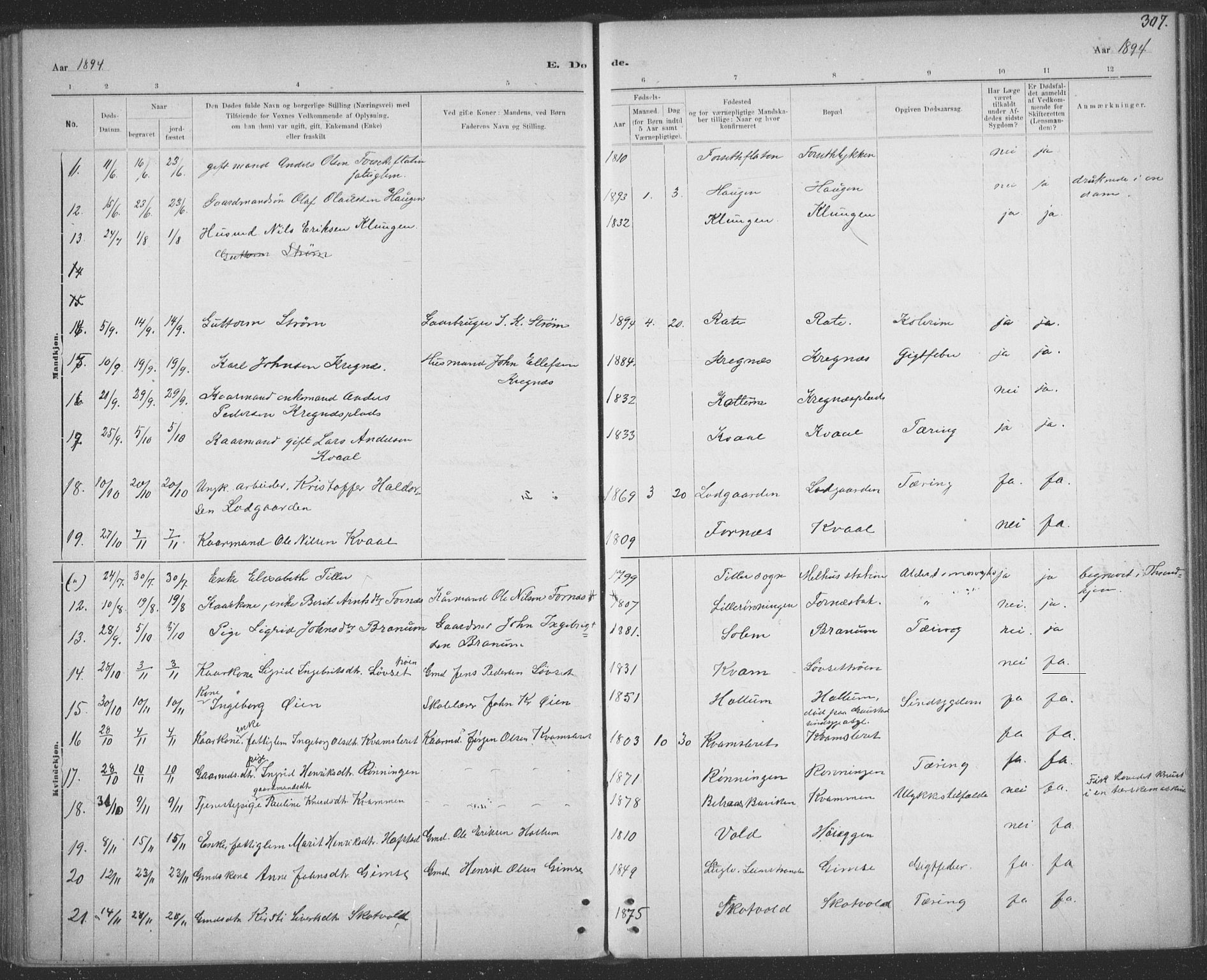 Ministerialprotokoller, klokkerbøker og fødselsregistre - Sør-Trøndelag, AV/SAT-A-1456/691/L1085: Parish register (official) no. 691A17, 1887-1908, p. 307