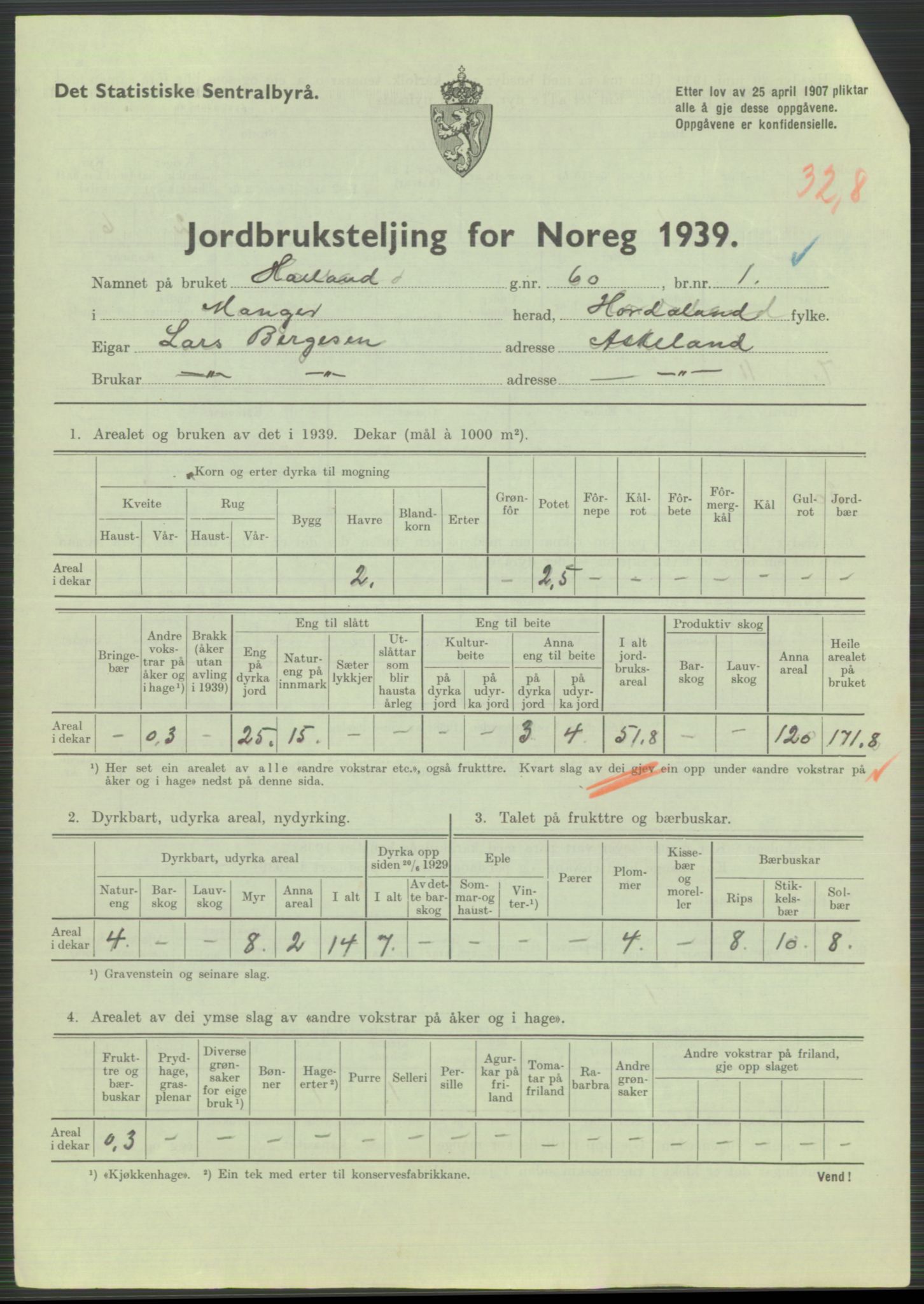 Statistisk sentralbyrå, Næringsøkonomiske emner, Jordbruk, skogbruk, jakt, fiske og fangst, AV/RA-S-2234/G/Gb/L0211: Hordaland: Herdla, Hjelme og Manger, 1939, p. 1841