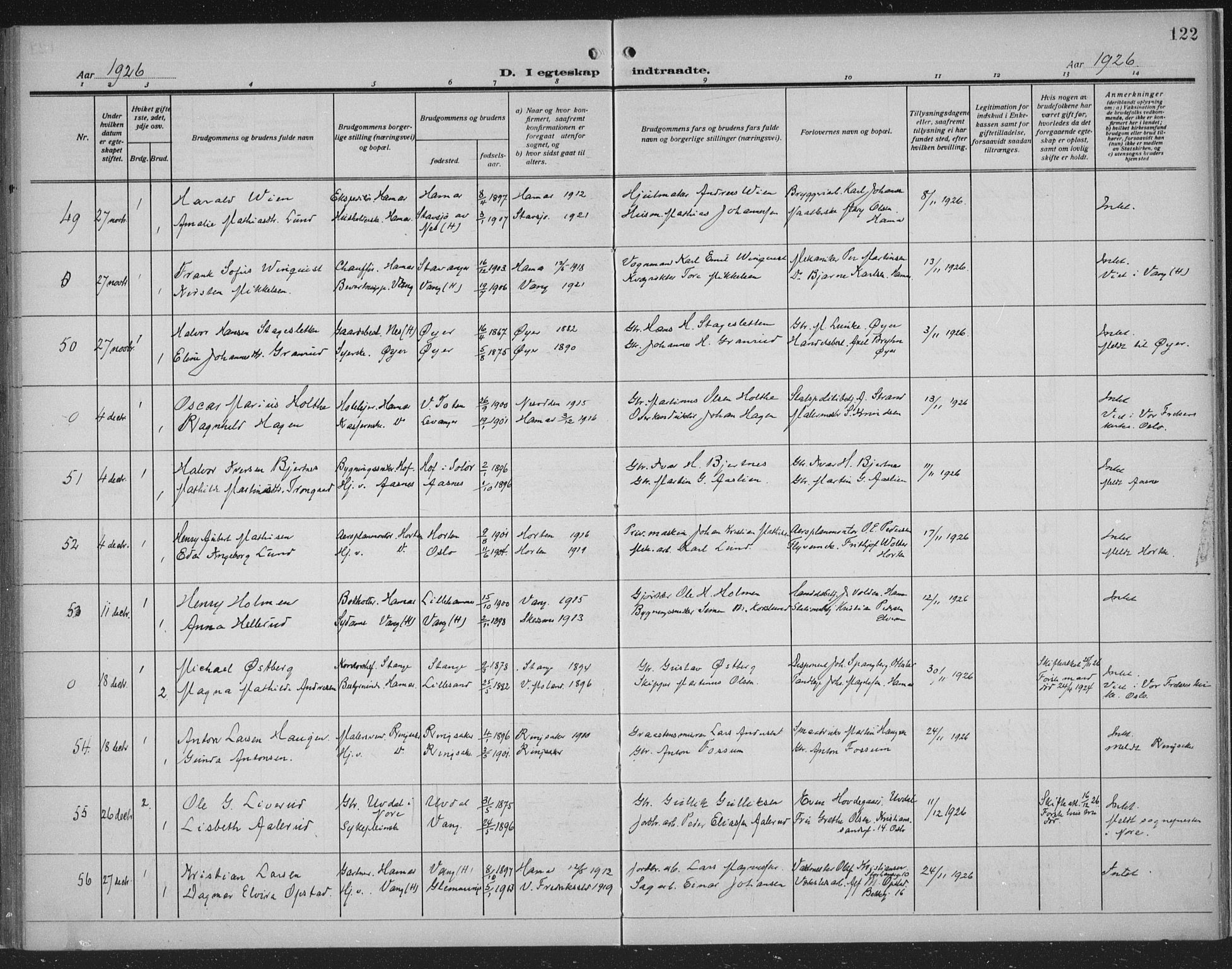 Hamar prestekontor, AV/SAH-DOMPH-002/H/Ha/Haa/L0003: Parish register (official) no. 3, 1913-1930, p. 122