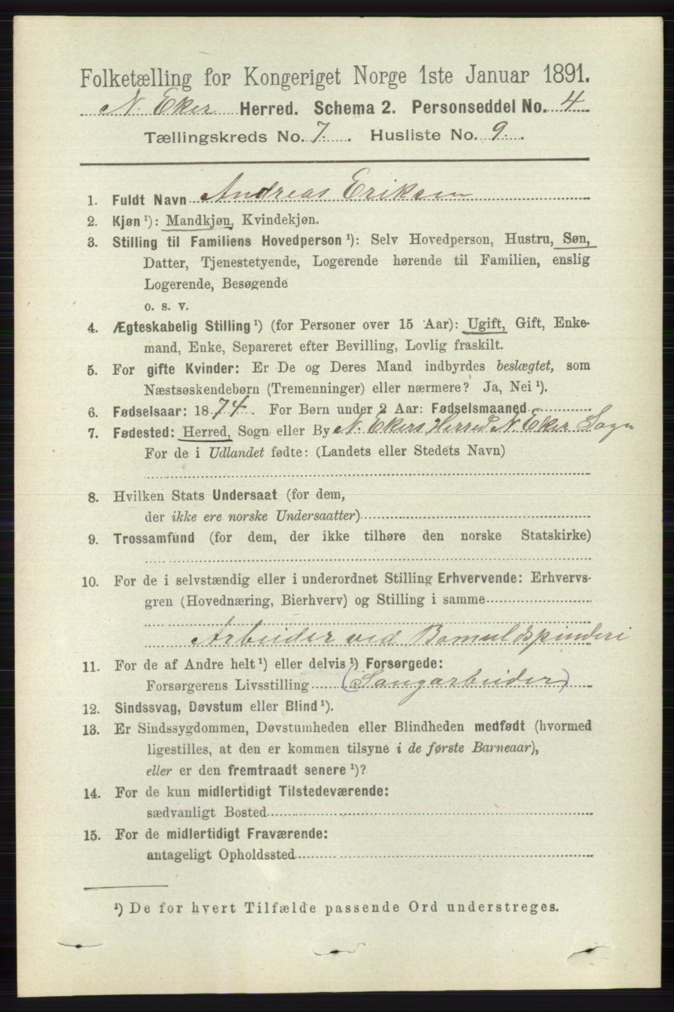 RA, 1891 census for 0625 Nedre Eiker, 1891, p. 3461