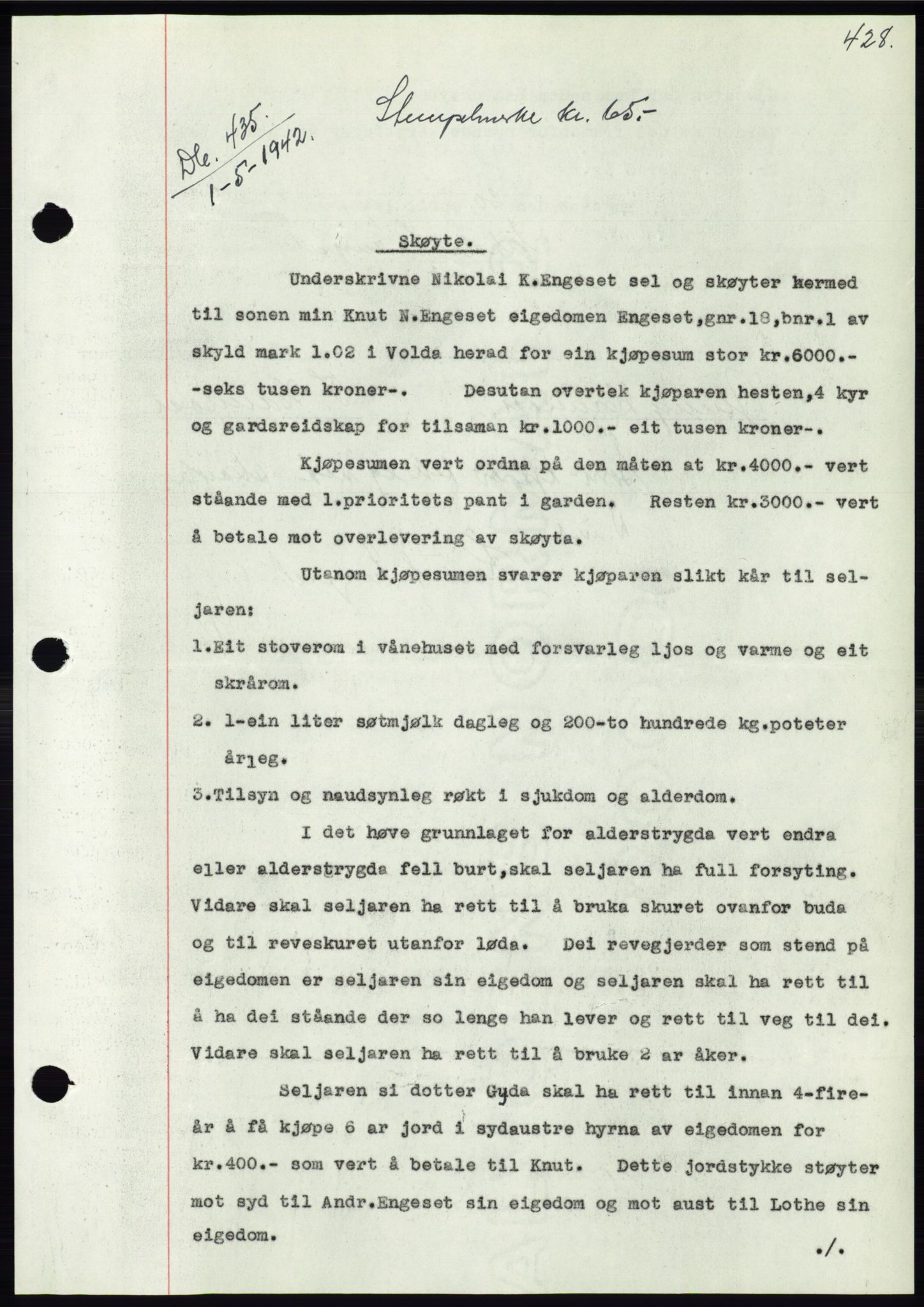 Søre Sunnmøre sorenskriveri, AV/SAT-A-4122/1/2/2C/L0073: Mortgage book no. 67, 1941-1942, Diary no: : 435/1942