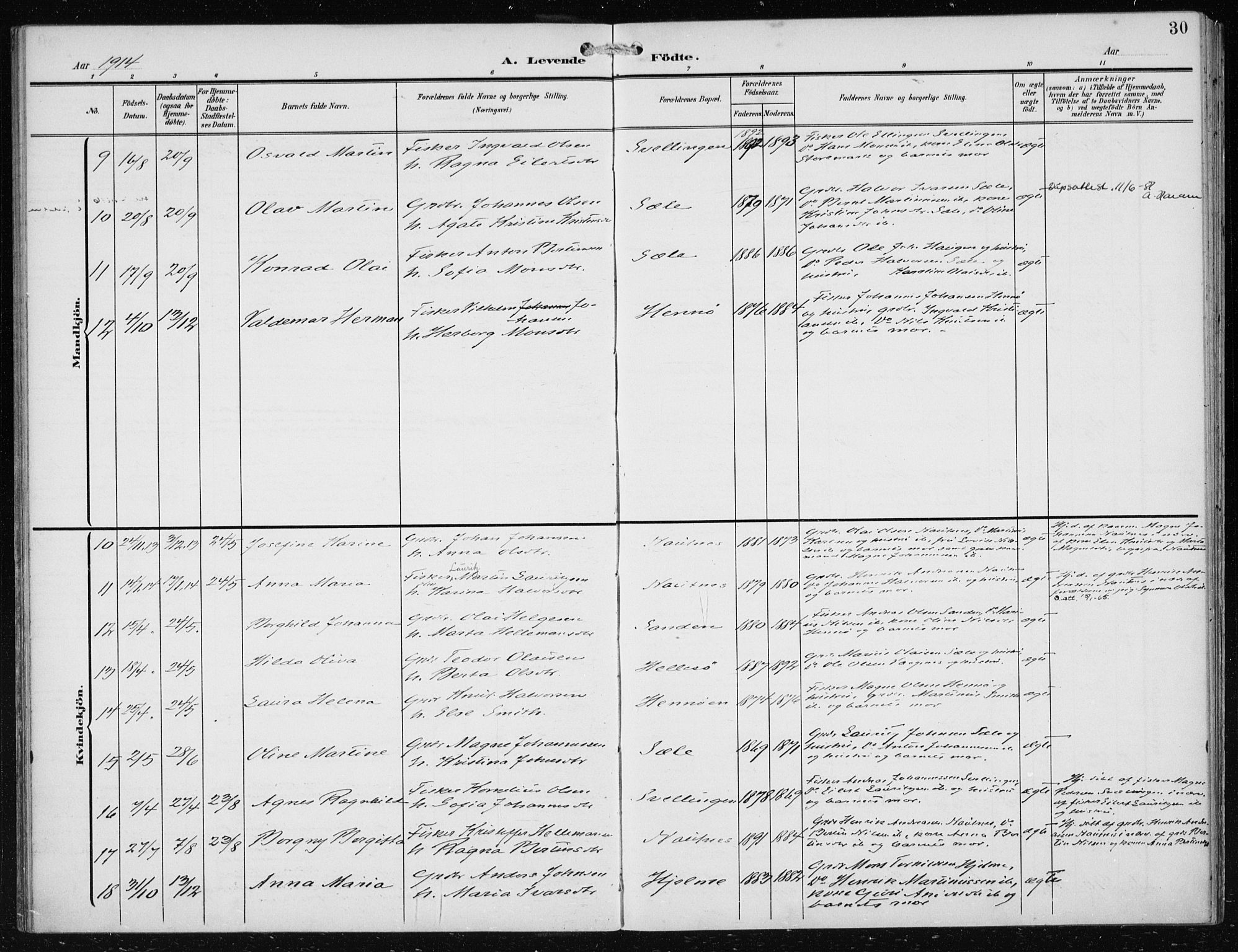 Herdla Sokneprestembete, AV/SAB-A-75701/H/Haa: Parish register (official) no. B 1, 1902-1921, p. 30