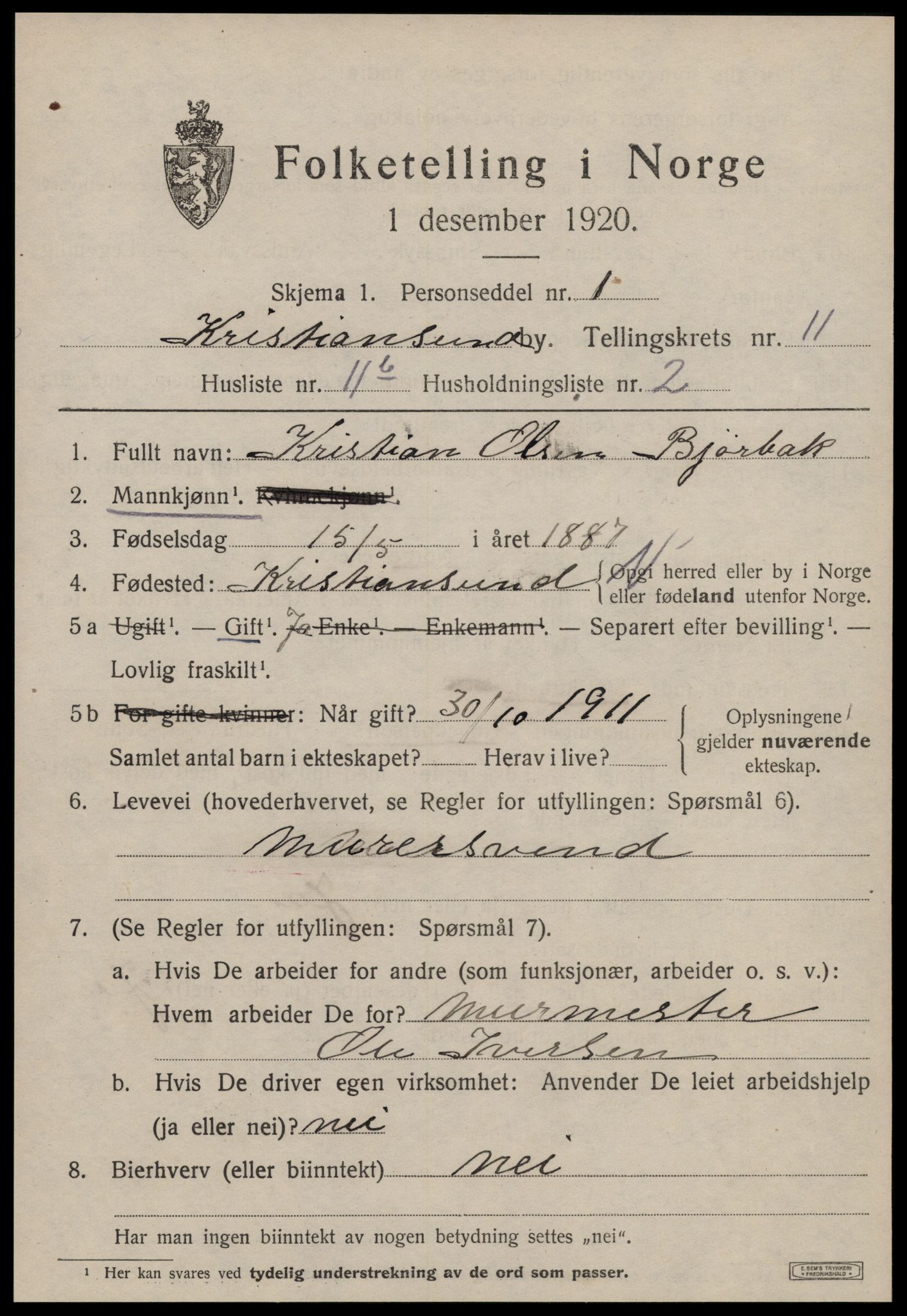 SAT, 1920 census for Kristiansund, 1920, p. 24281