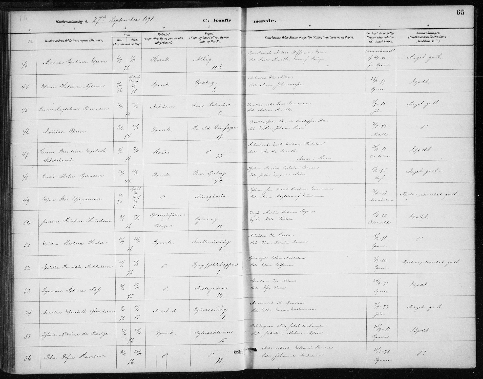 Johanneskirken sokneprestembete, AV/SAB-A-76001/H/Haa/L0008: Parish register (official) no. C 1, 1885-1907, p. 65