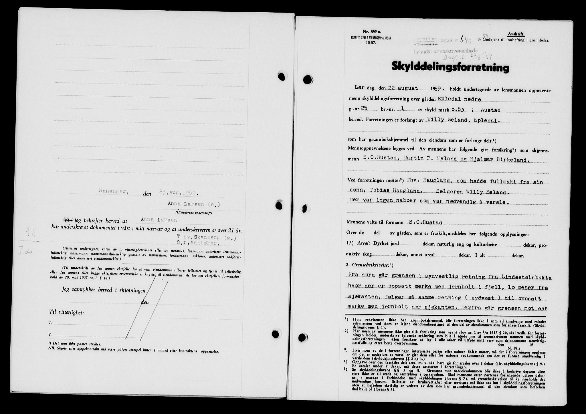 Lyngdal sorenskriveri, AV/SAK-1221-0004/G/Gb/L0679: Mortgage book no. A XXV, 1959-1960, Diary no: : 640/1959