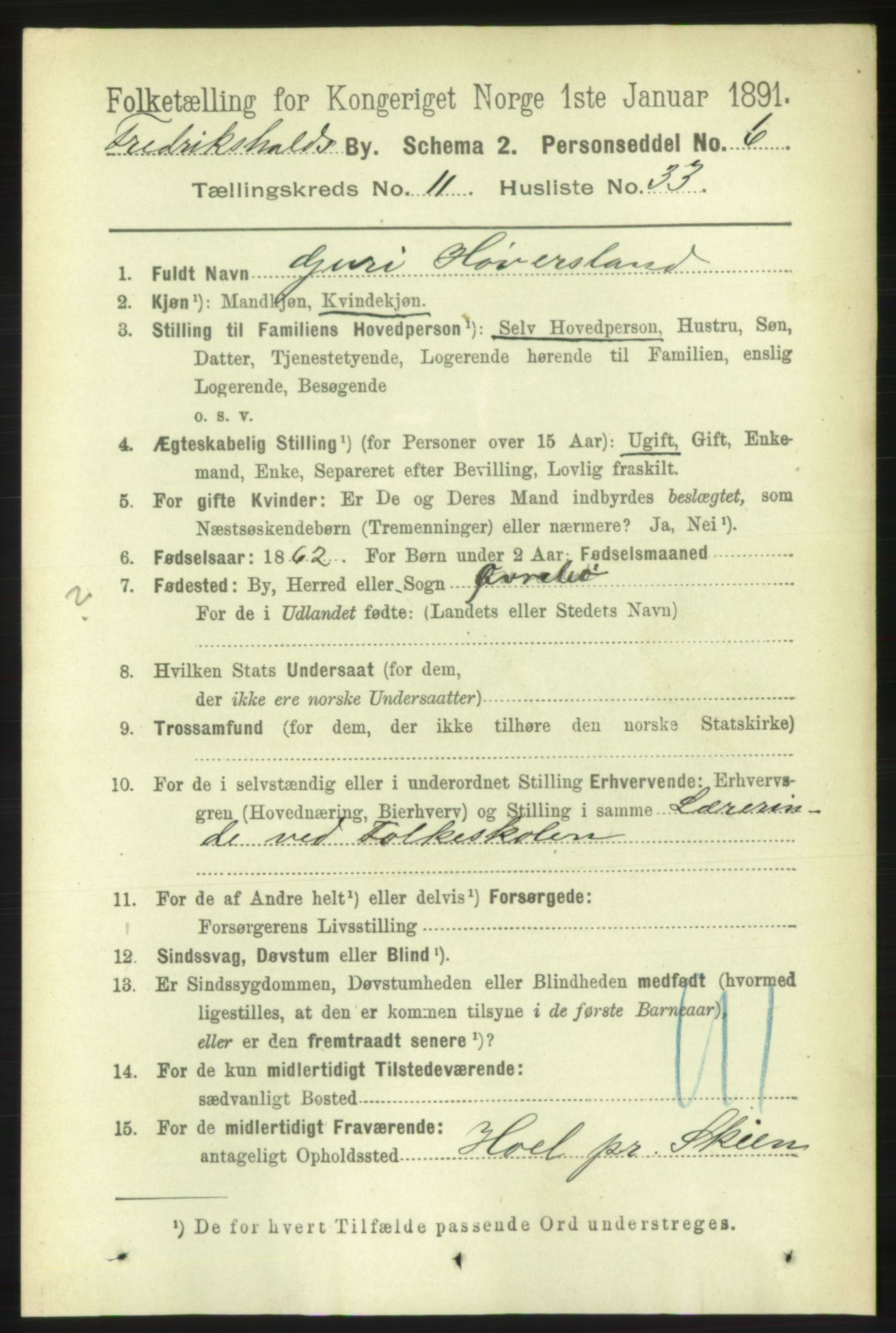 RA, 1891 census for 0101 Fredrikshald, 1891, p. 8037