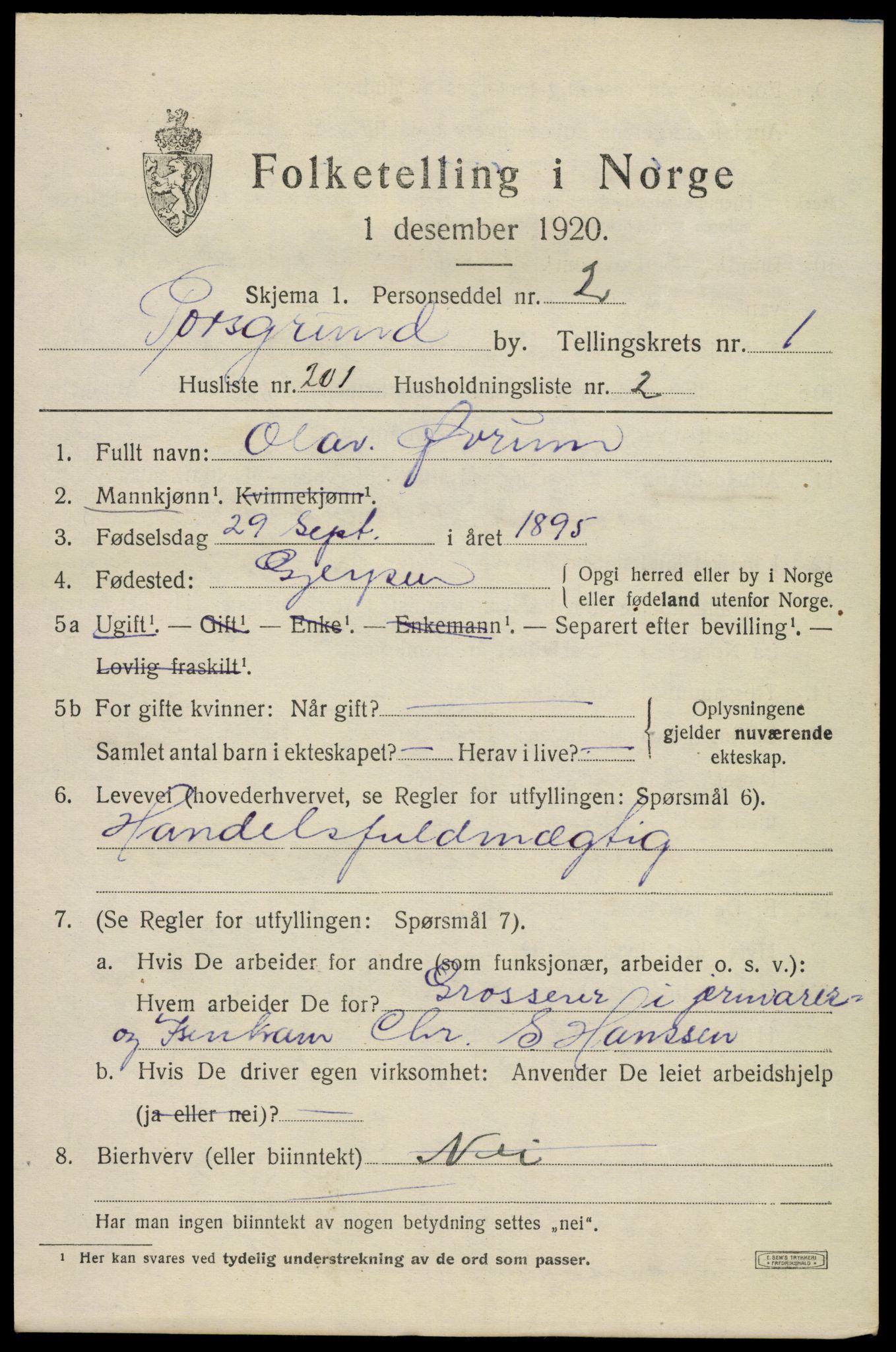 SAKO, 1920 census for Porsgrunn, 1920, p. 9413