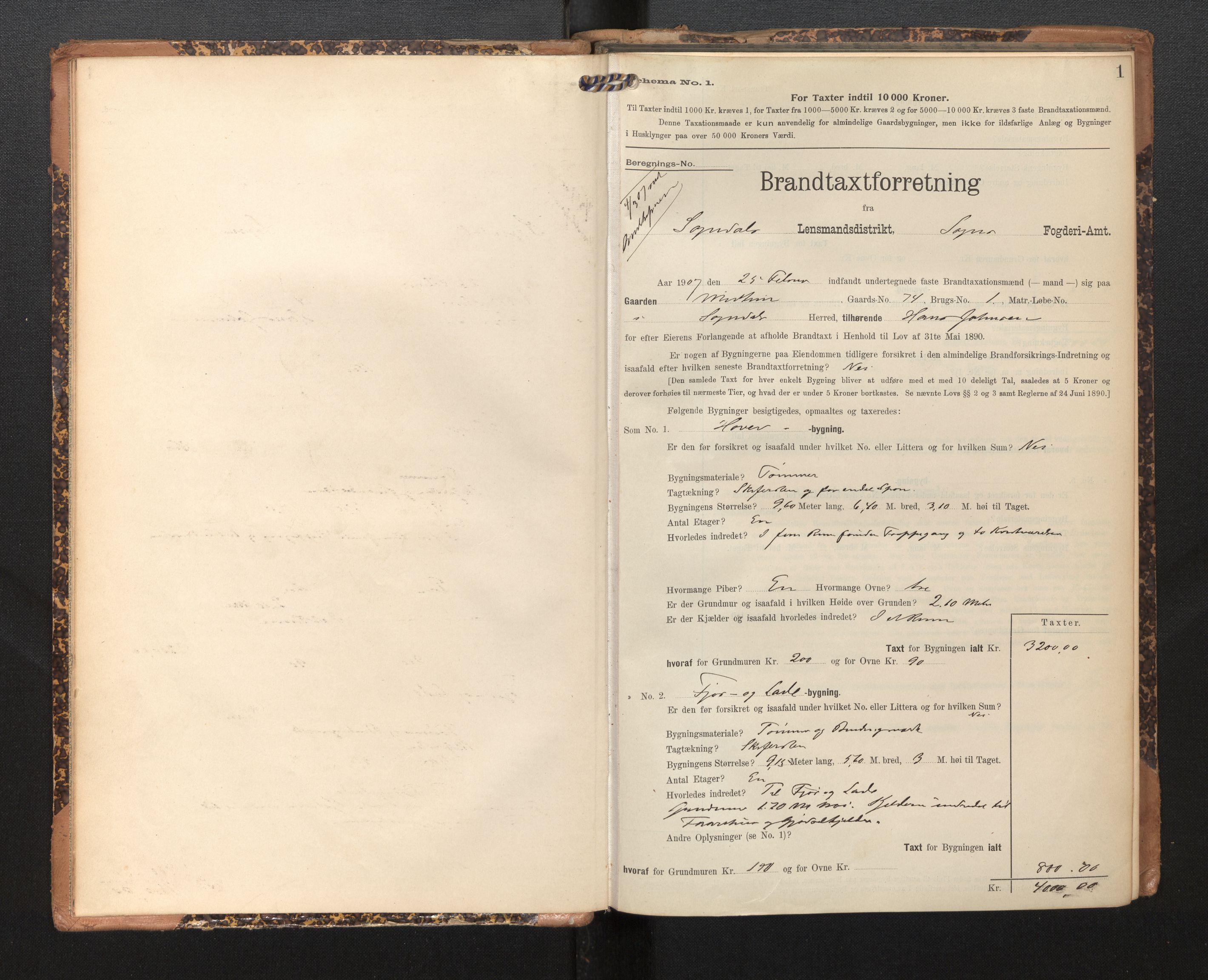 Lensmannen i Sogndal, SAB/A-29901/0012/L0010: Branntakstprotokoll, skjematakst, 1907-1914, p. 1