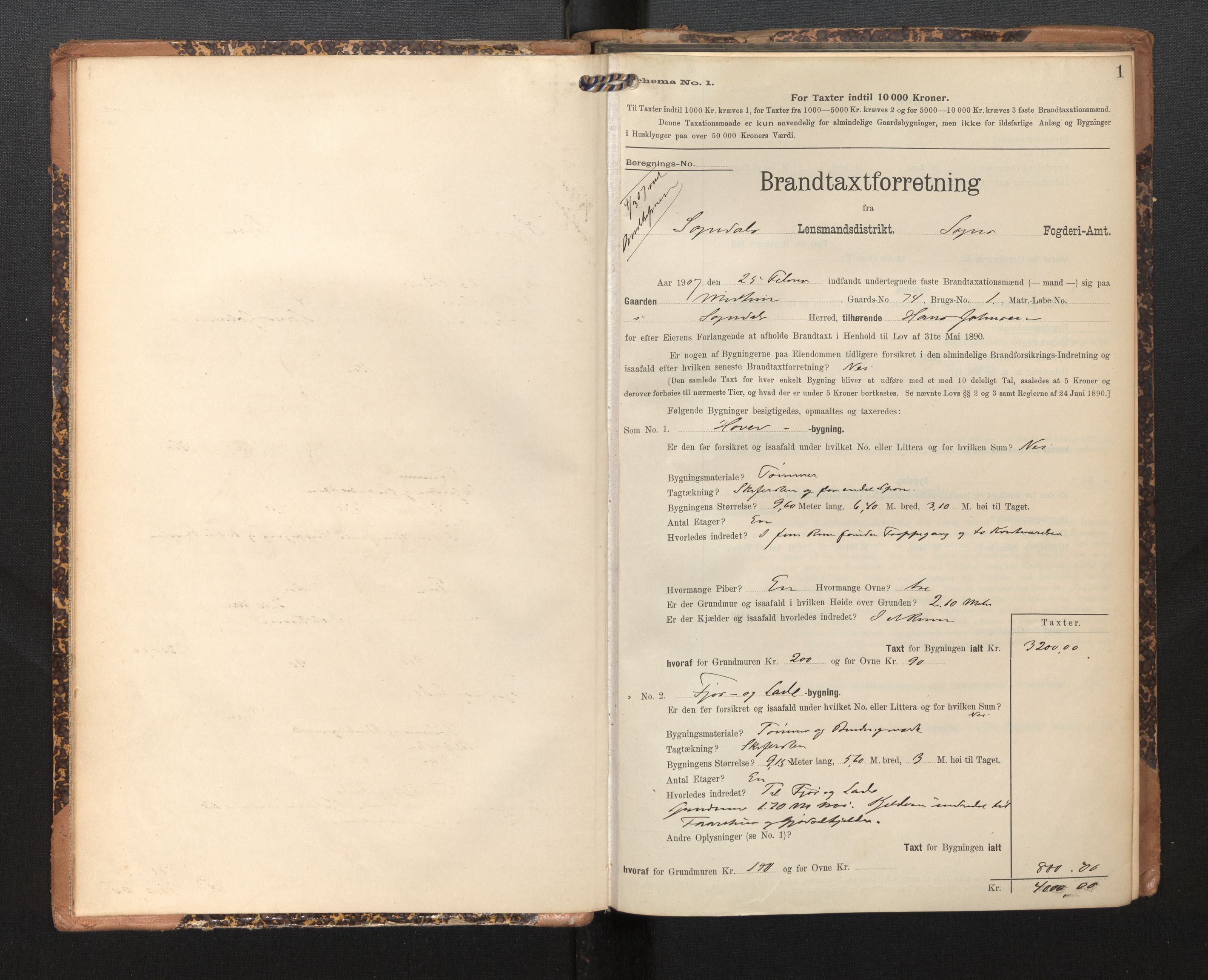 Lensmannen i Sogndal, AV/SAB-A-29901/0012/L0010: Branntakstprotokoll, skjematakst, 1907-1914, p. 1