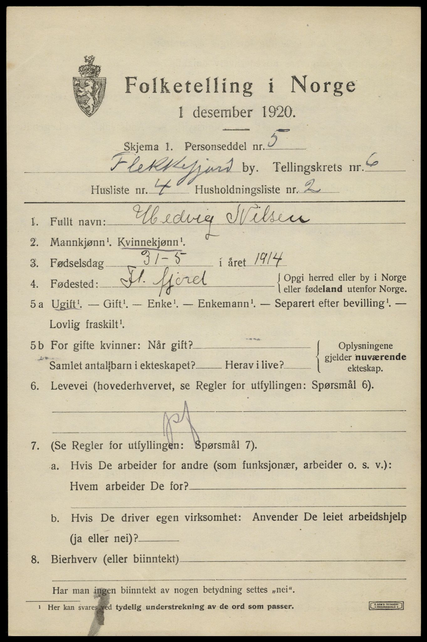 SAK, 1920 census for Flekkefjord, 1920, p. 5798