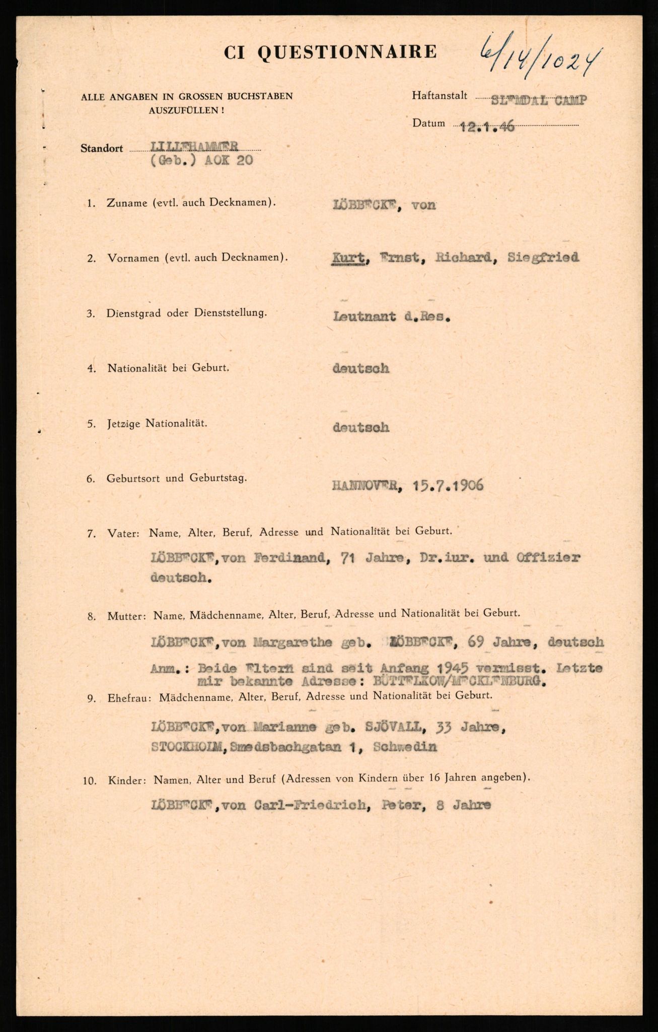 Forsvaret, Forsvarets overkommando II, AV/RA-RAFA-3915/D/Db/L0020: CI Questionaires. Tyske okkupasjonsstyrker i Norge. Tyskere., 1945-1946, p. 492