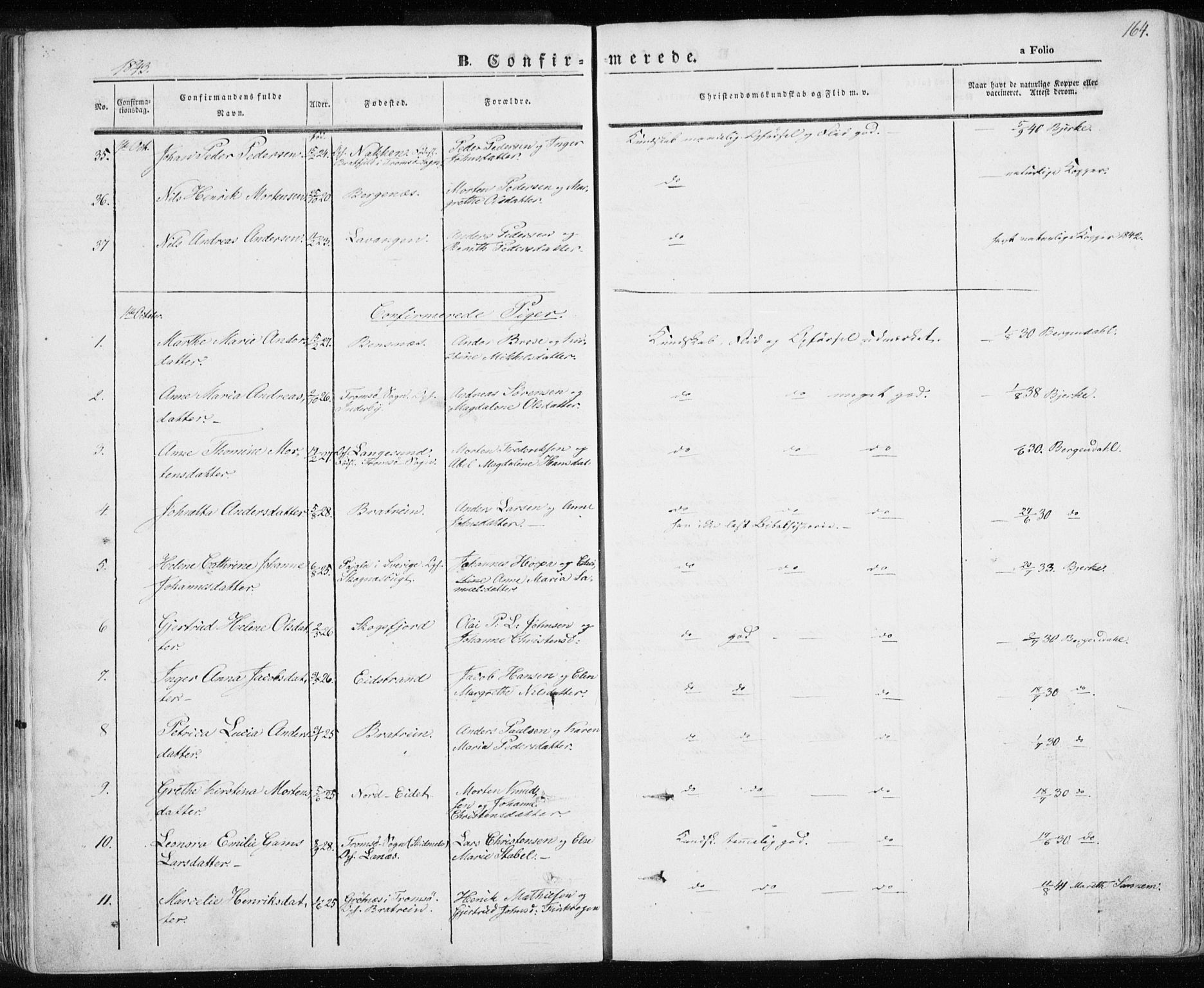 Karlsøy sokneprestembete, AV/SATØ-S-1299/H/Ha/Haa/L0003kirke: Parish register (official) no. 3, 1843-1860, p. 164