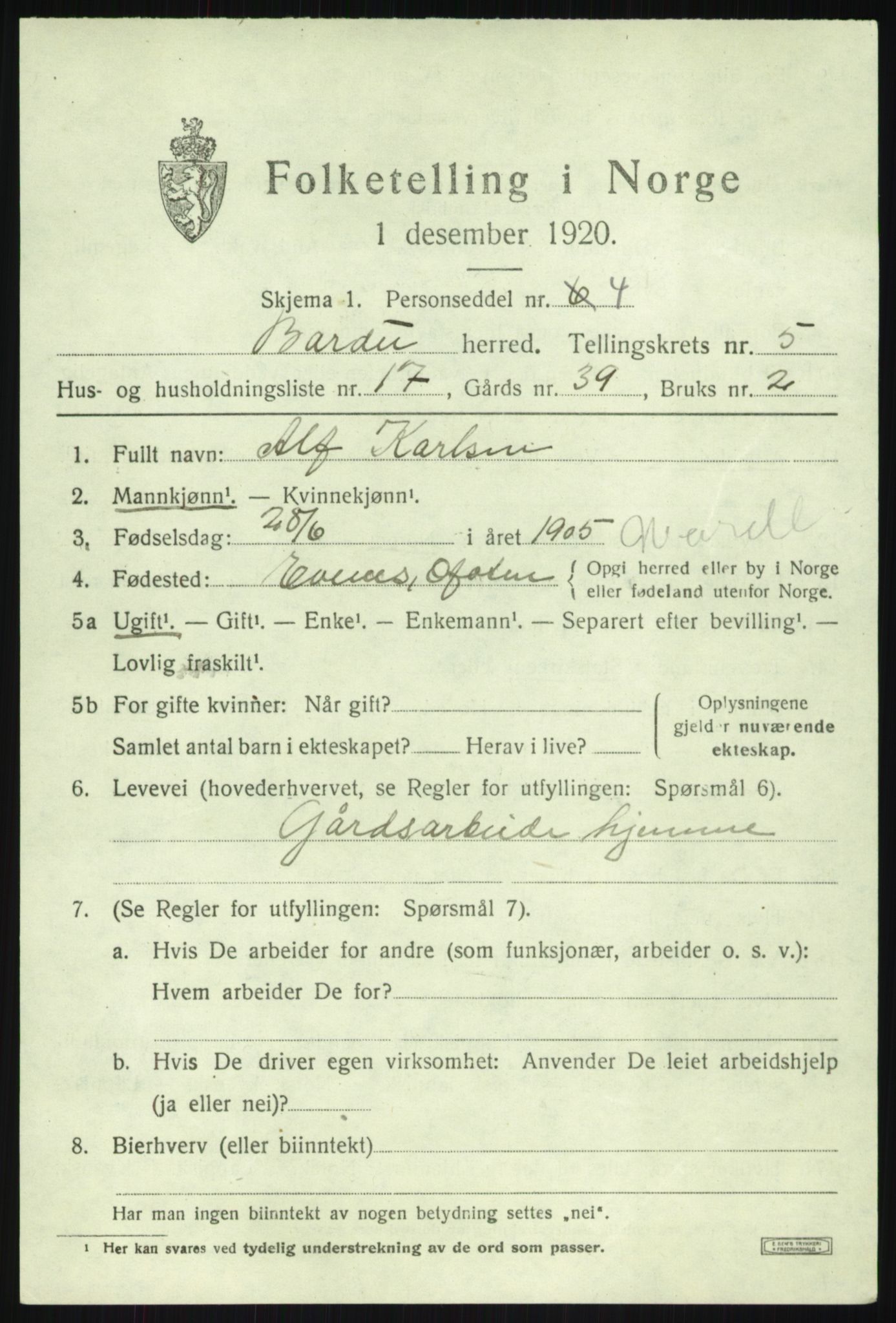 SATØ, 1920 census for Bardu, 1920, p. 2361